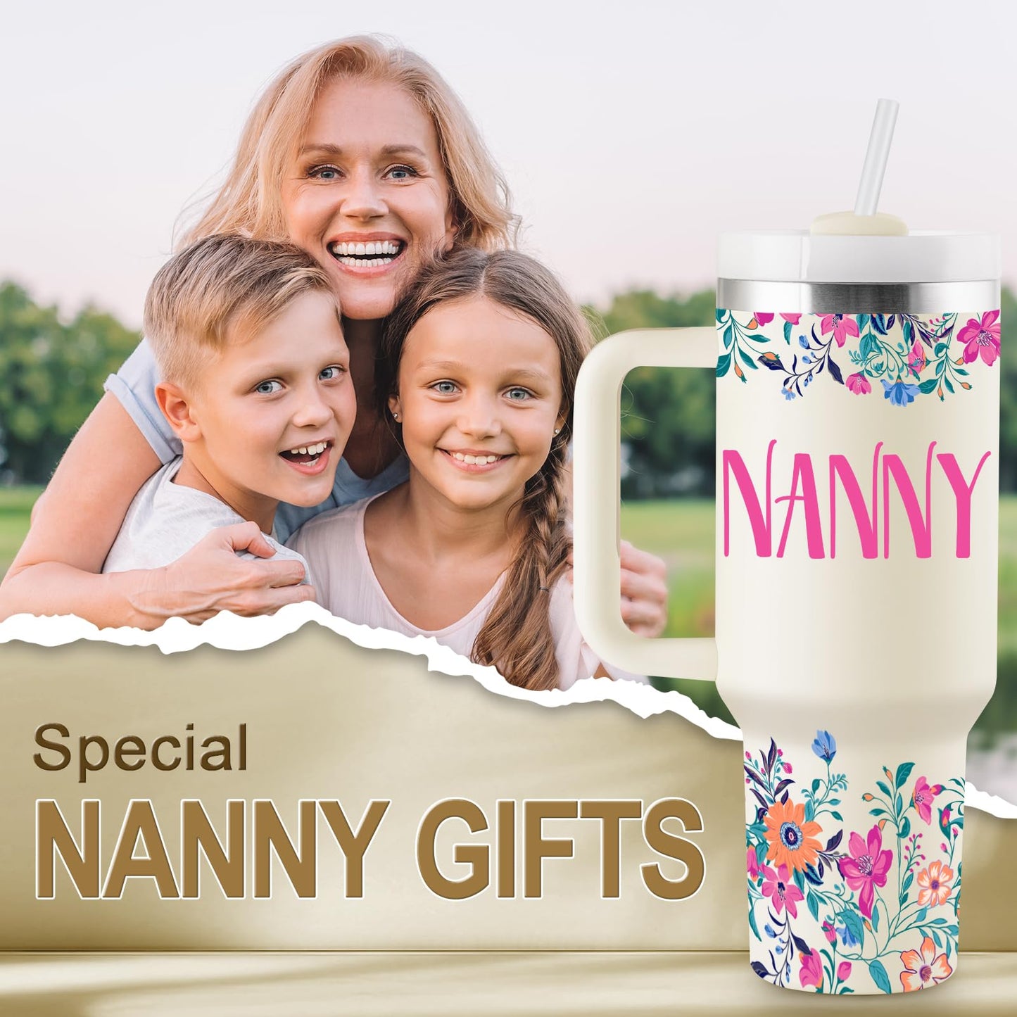ROSTANTEN Nanny Gifts for Nanny Gifts for Grandma from Grandkids for Birthday Mothers Day Christmas 40oz Travel Cup Insulated Tumbler with Lid & Straw