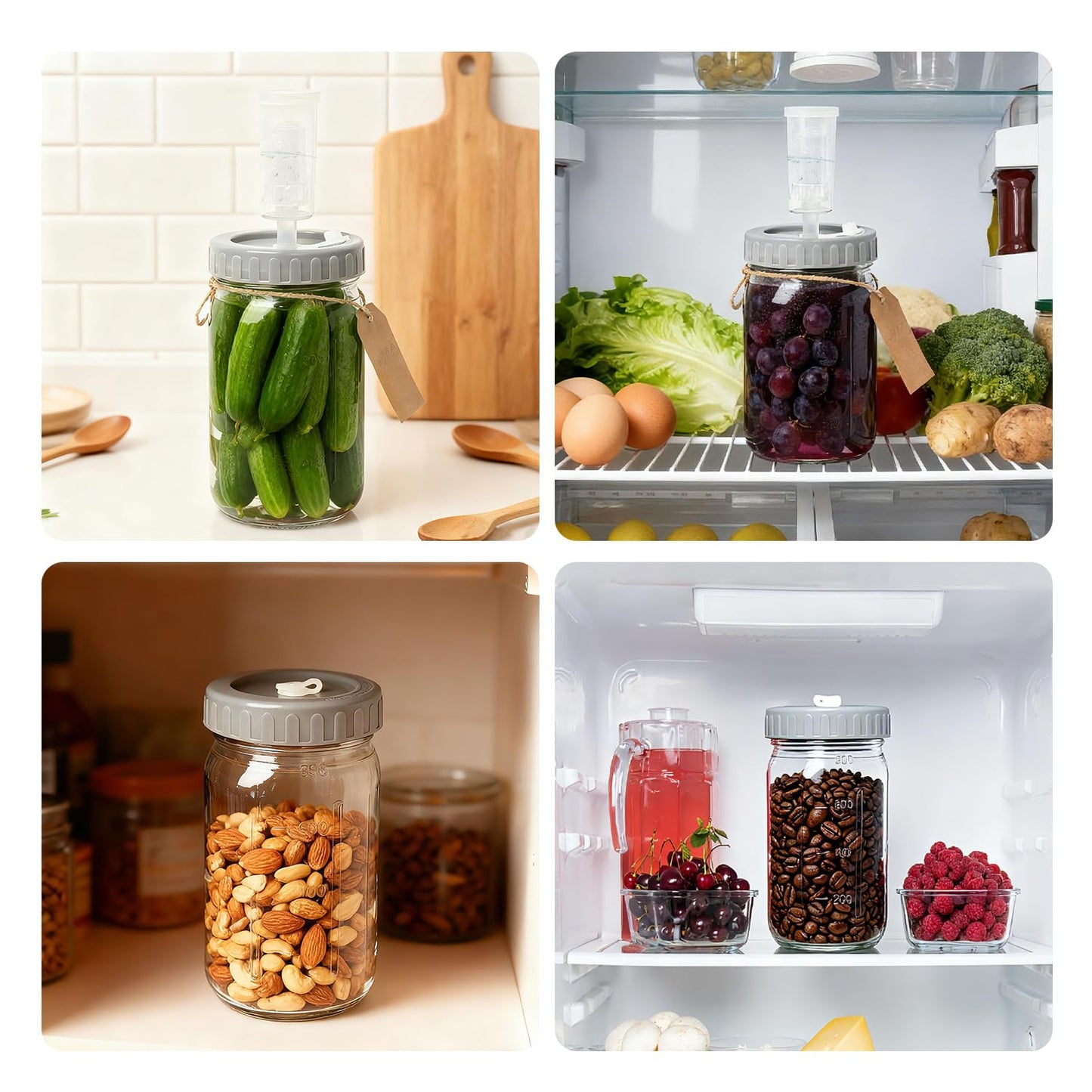 4-Pack Mason Jar Fermentation Kit(Jars Included) Four 32oz Fermentation Jars with Plastic Fermenting Lids, Airlocks, Silicone Rings & Grommets, and Glass Weights for Easy Fermenting & Storage