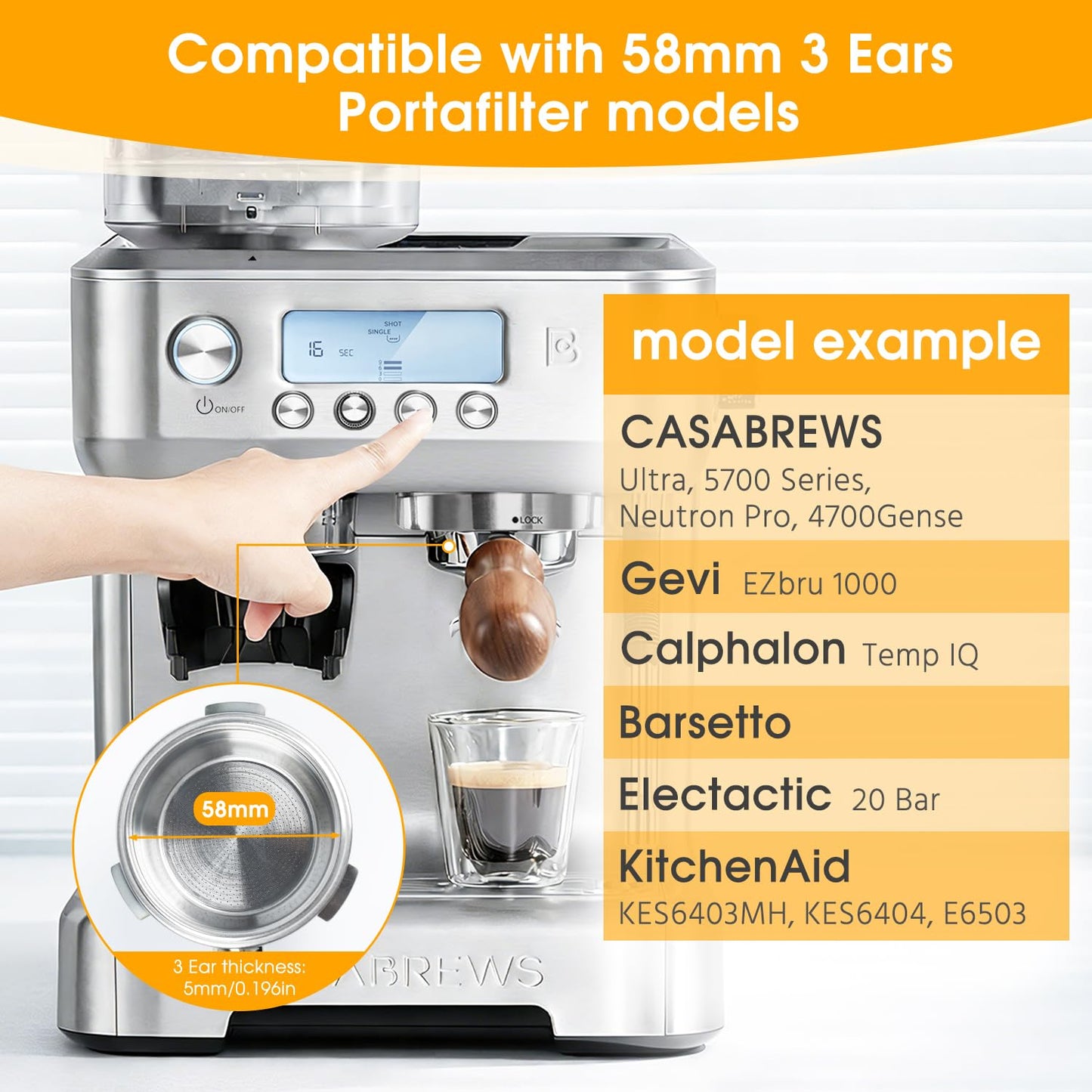KUCHZUBE 58mm Portafilter 3 Ears with Double Spout Compatible with CASABREWS 5700 Series, Neutron Pro, Ultra and 4700Gense and Other 58mm Portafilter with Three Prongs Thickness 4.9mm | Wooden Handle