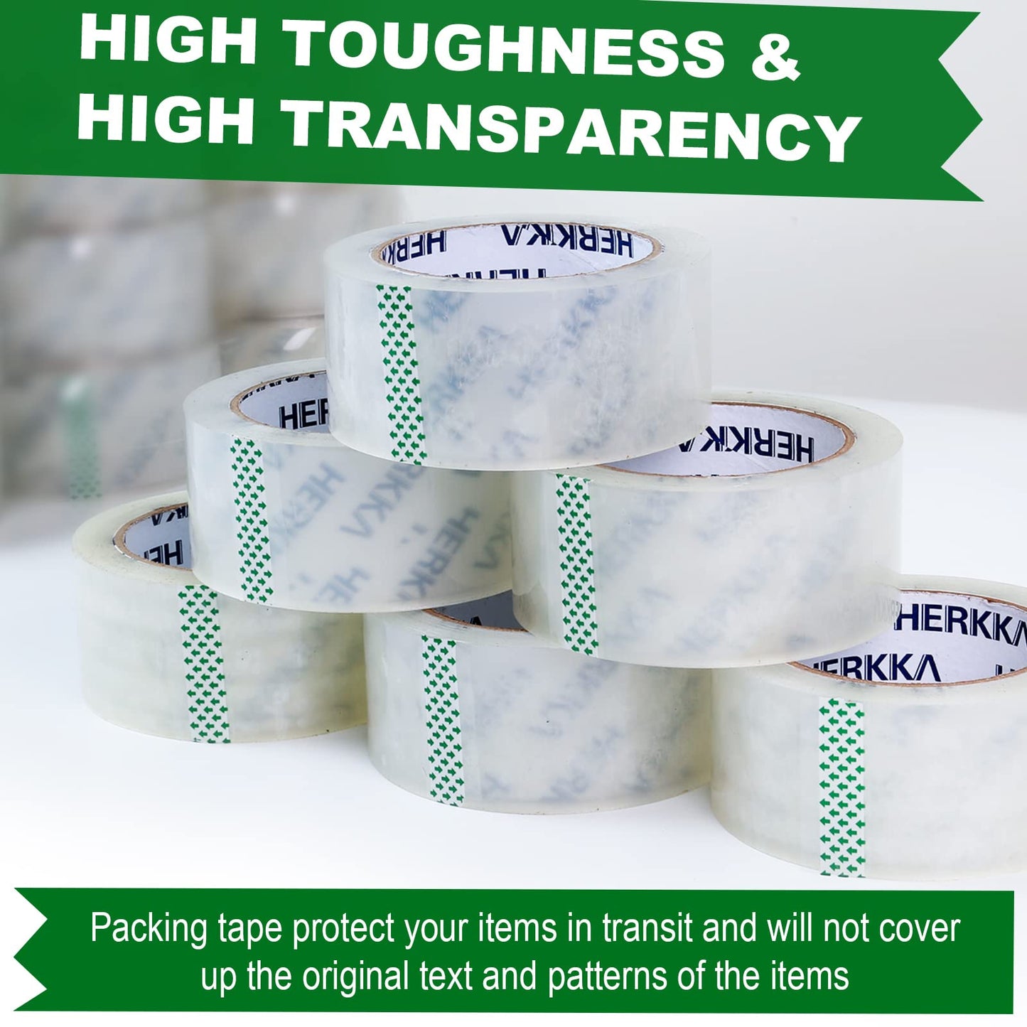 HERKKA Clear Packing Tape, 18 Rolls Heavy Duty Packaging Tape for Shipping Packaging Moving Sealing, 3 Mil Thick Clear Packing Tape, 1.88 inches Wide, 65 Yards Per Roll, 1170 Total Yards