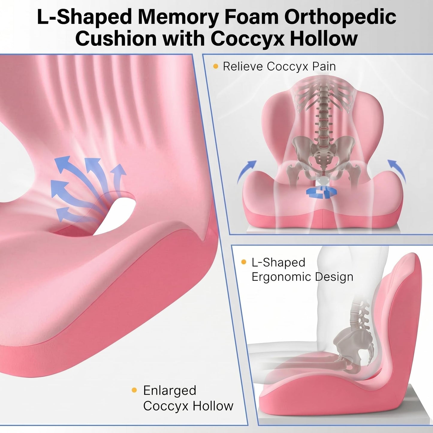 Ergonomic Office Chair Seat Cushion, L-Shaped Memory Foam Coccyx Cushion for Tailbone Pain Relief, Orthopedic Car Seat Cushion with Lumbar Support & Cutout Hollow for Sciatica & Back Pain (Pink)