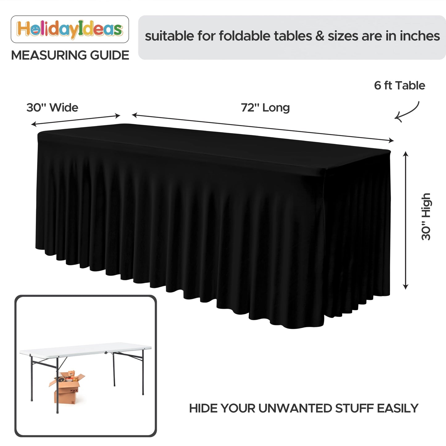 HolidayIdeas 2 Pack Spandex Table Skirt for 6 Ft Rectangle Tables, Black Fitted Stretch Tablecloth 30 x 72 Inch, Wrinkle Resistant Ruffle Design for Wedding Banquets, Trade Shows, Parties
