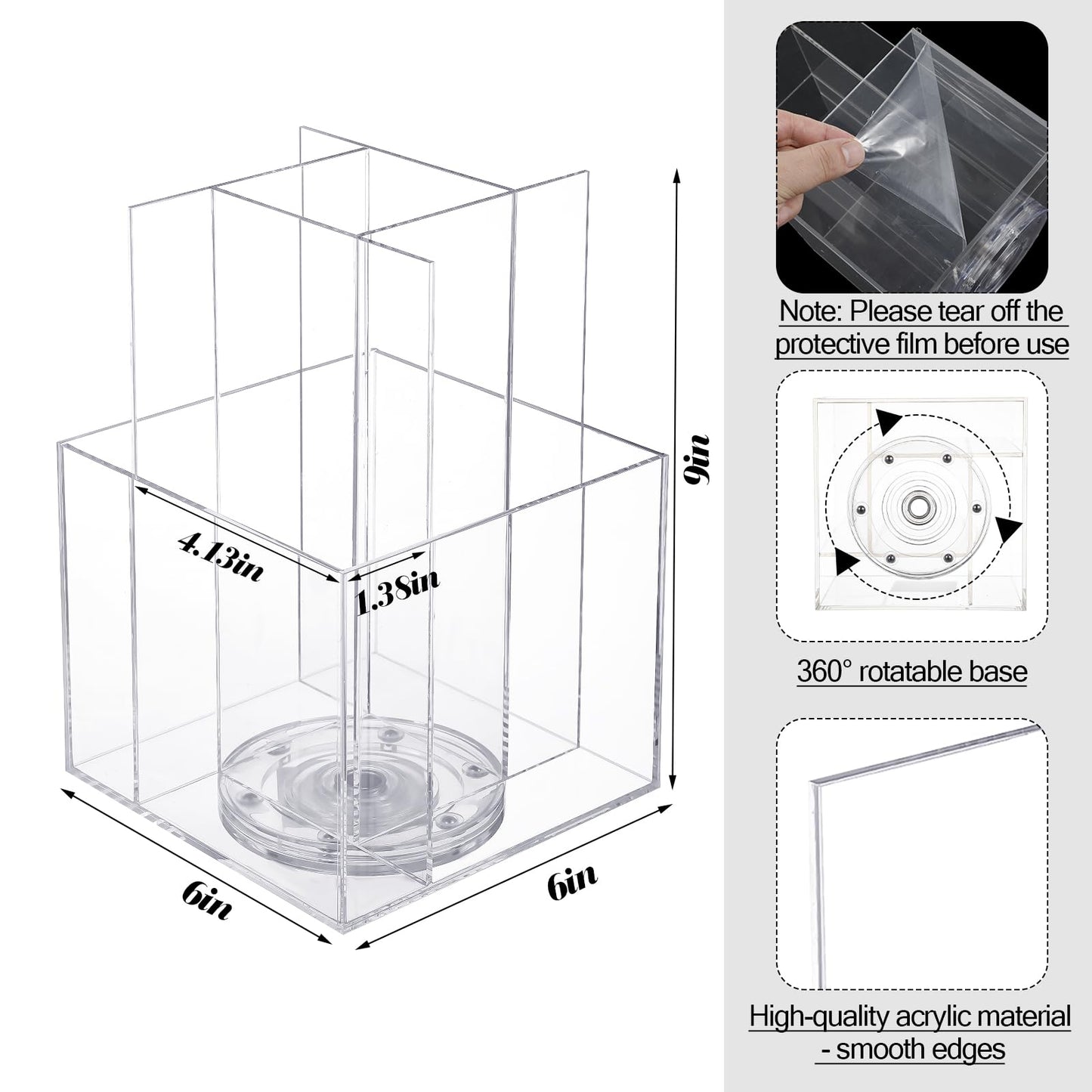 Suzile 2 Pcs Clear Acrylic Rotating Brochure Holder for 4 Pocket Spinning Pamphlet Holder 360° Sticker Display Stand Organizer for Magazine Flyer Gift Card Countertop Tabletop Office, 6x 6 x 9 Inch