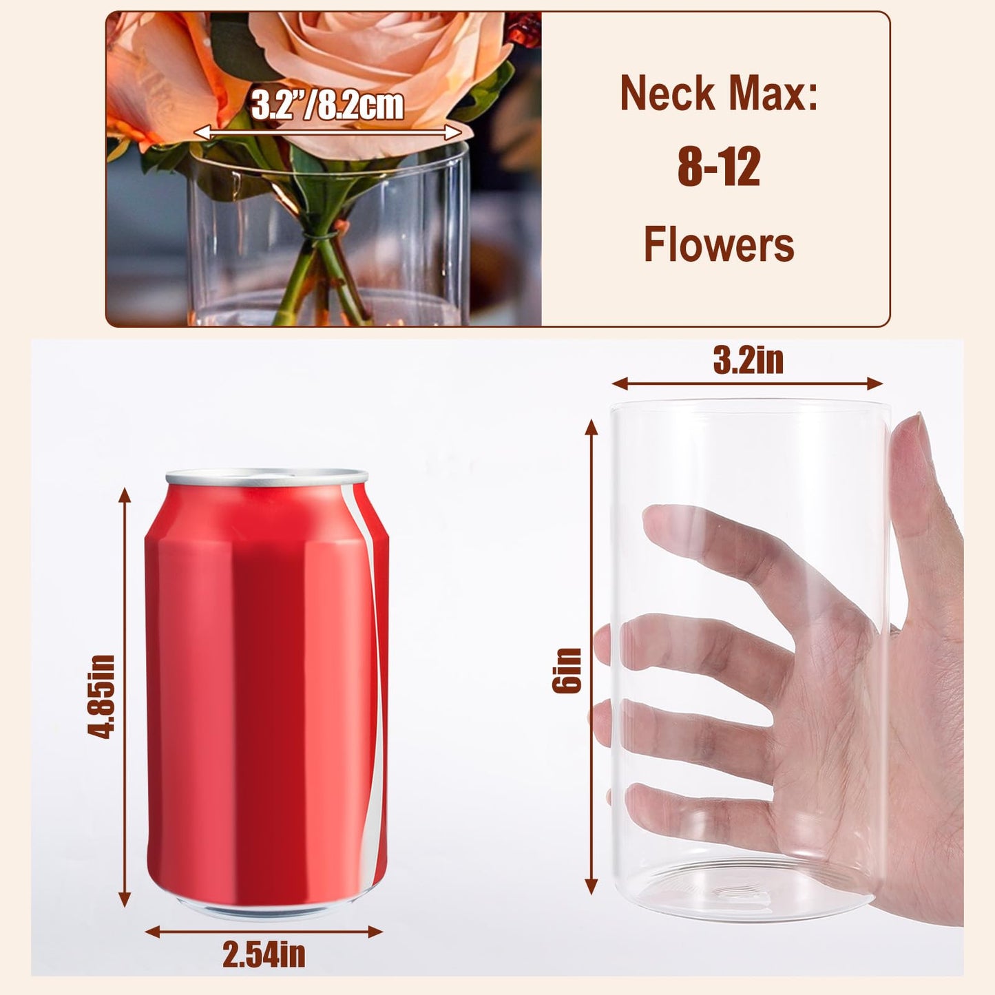 UPBUD 6 Inch Glass Cylinder Vases for Centerpieces | 12Pcs Clear Small Flower Vase for Wedding Decorations, Floating Candle Vases in Bulk, Hurricane Candle Holders for Table, Home Décor