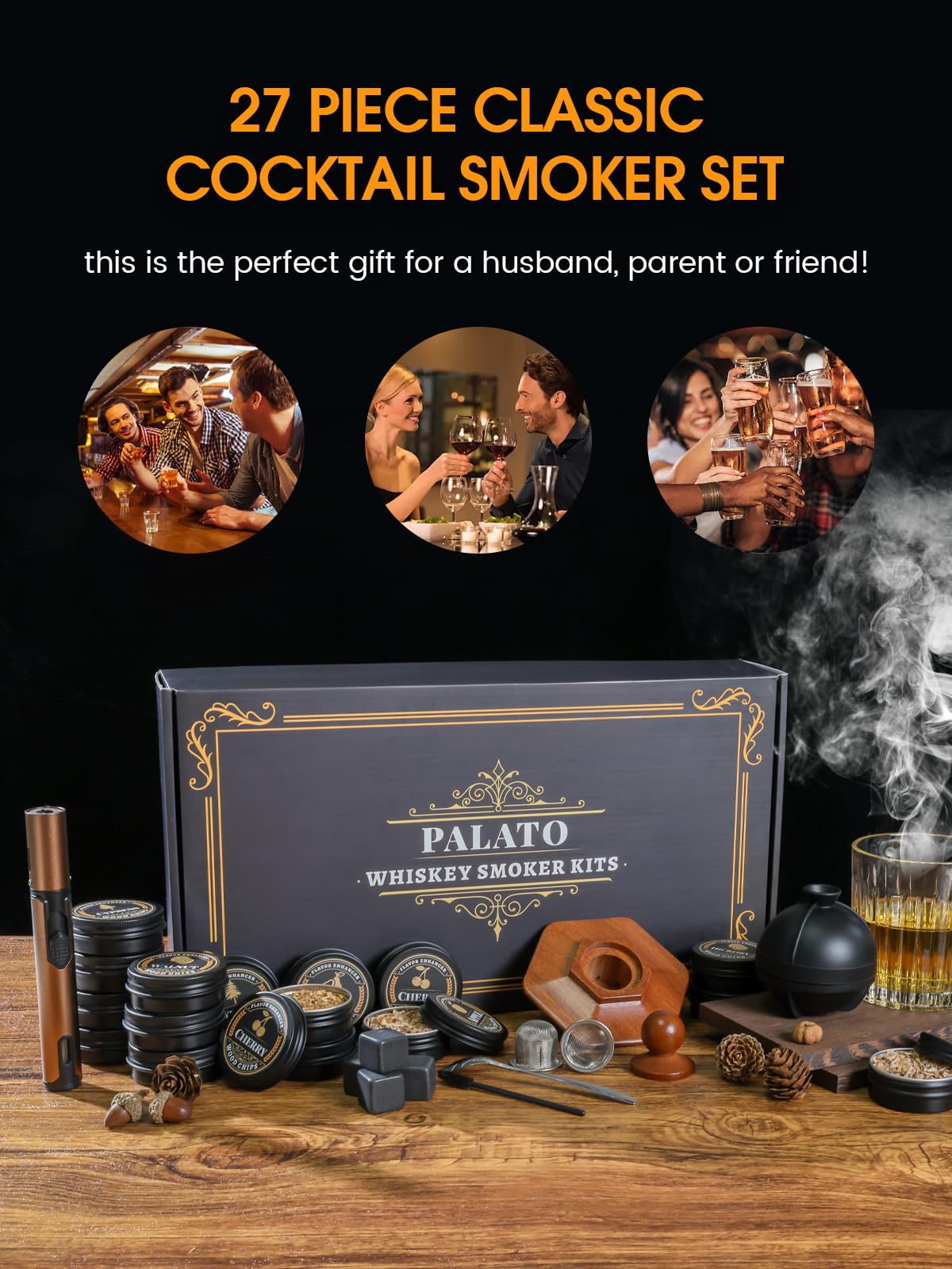 27Pcs Whiskey Smoker Kit- 16 Wood Chips,Ice Ball Molds, Cocktail Smoker Infuser Kit, Old Fashioned Drink Smoker Kit, Birthday Bourbon Whiskey Gifts for Husband,Men,Dad(No Butane)