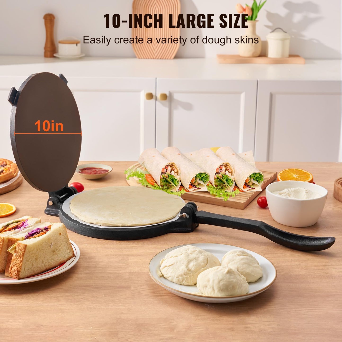 VEVOR Tortilla Press, 10 Inch Tortilla and Roti Maker, Cast Iron Heavy Duty Tortilladora Press, Pre-Seasoned Pataconera with 100 Pcs Parchment Paper, Dough Maker for Flour Tortilla, Tawa