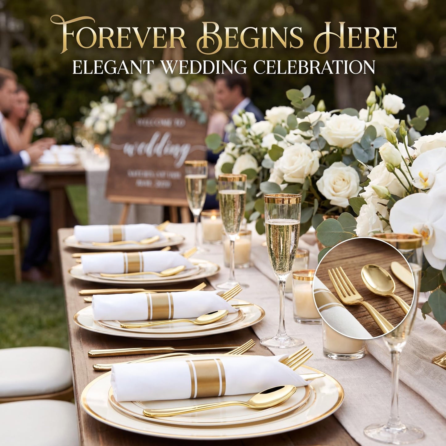 Liacere 100Pack Pre Rolled Gold Silverware and Napkin-Disposable Gold Plastic Utensils-Wrapped Plastic Cutlery Set with Napkin:100 Forks,100 Knives,100 Spoons,100 Napkins for Wedding & Graduation