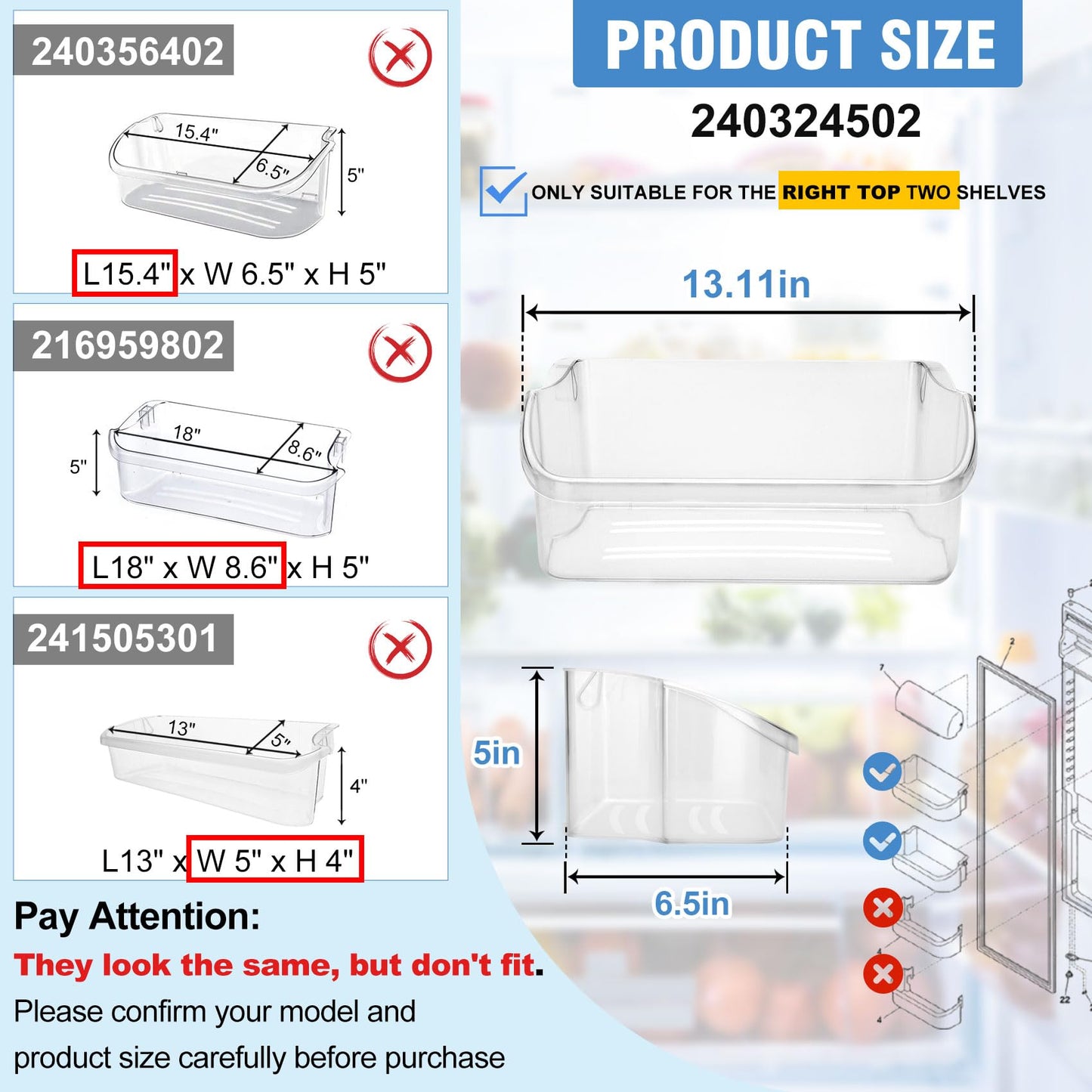 【NEW UPGRADED】 2 Pack 240324502 Refrigerator Door Shelf Bins (Right) for Frigidaire,Kenmore,Crosley Refrigerator Replacement Parts Replaces 240324510,AP2549806,EA429767,PS429767,LFSS2312TF0 Fridge Bin