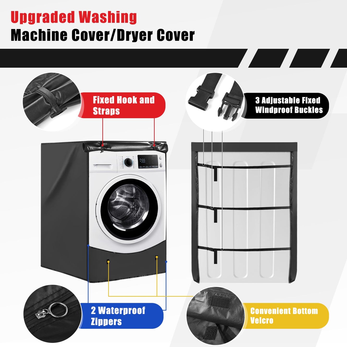 Washer and Dryer Covers 2PCS,Heavy Duty 420D Oxford Washer Dryer Cover for Front-Loading,Washing Machine Cover with 2 Waterproof Zippers and 3 Windproof Buckles