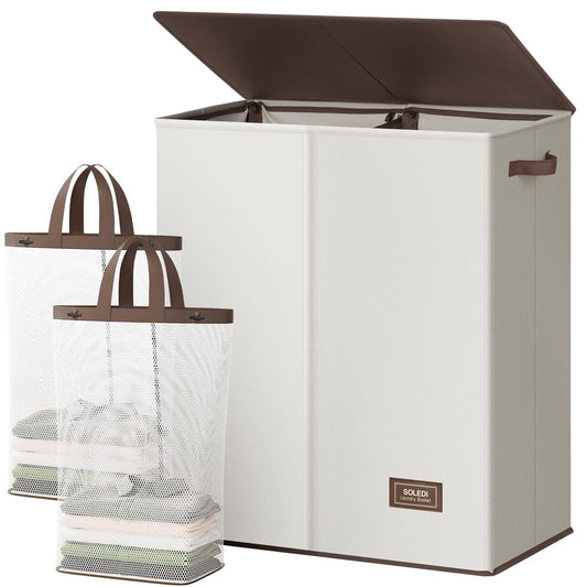 SOLEDI Luxury Double Laundry Hamper with Lid and Removable Bags, Large Hamper for Laundry, Laundry Basket 2 Sections, Collapsible Ditry Clothes Hamper for Bedroom, Laundry Room, Bathroom, Off-white