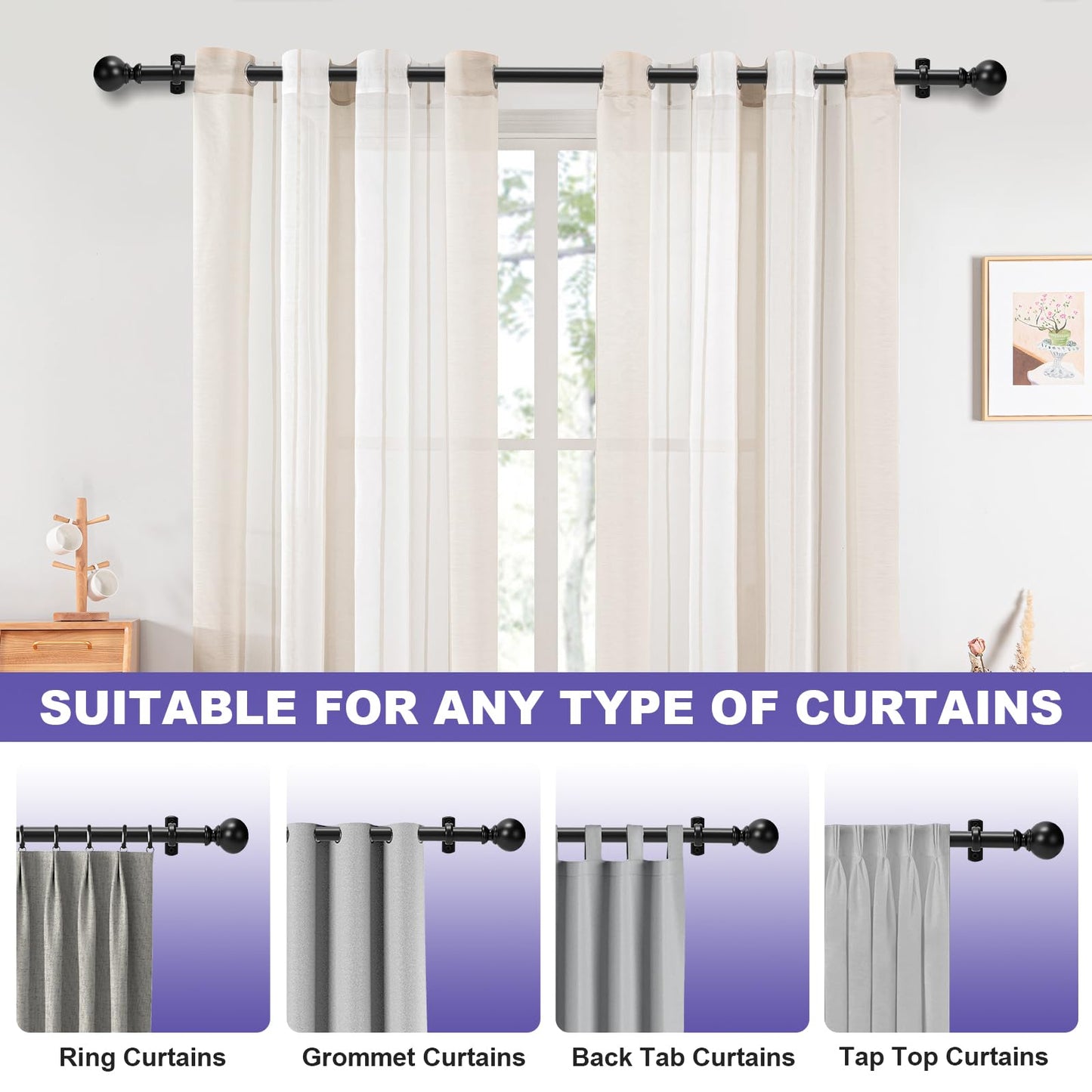 1 Inch Adjustable Heavy Duty Curtain Rod - Extra Long 30-240 Inches for Windows, Room Dividers, Indoor/Outdoor Use - Matte Black, Durable & Stylish Design