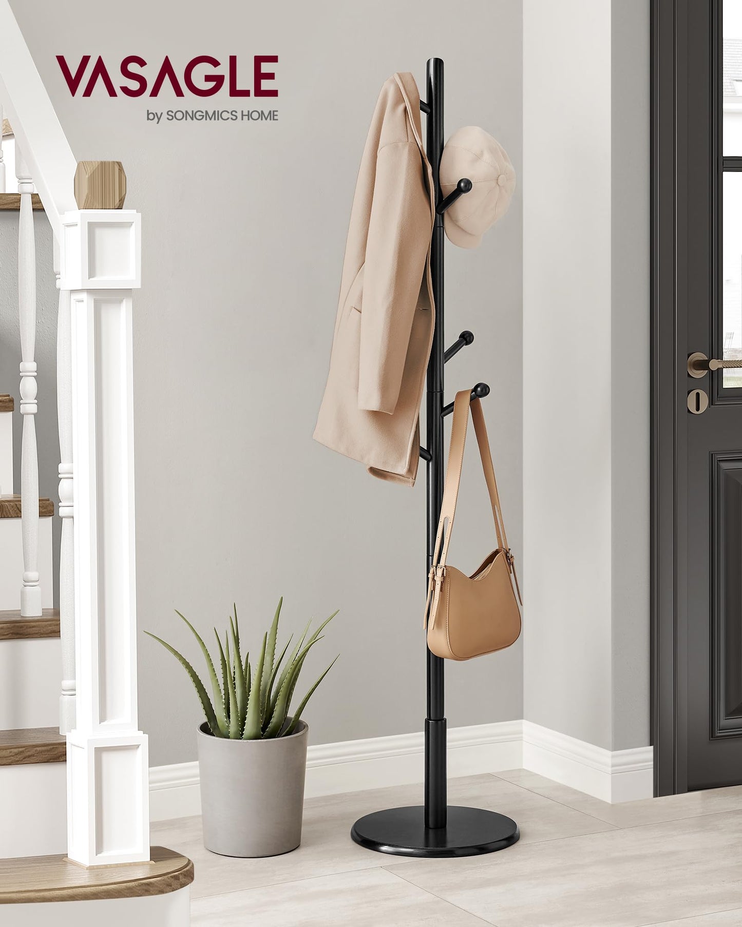 VASAGLE Solid Wood Coat Rack, Free Standing Hall Coat Tree with 8 Hooks, 3 Height Options, for Coats, Hats, Bags, Purses, for Entryway, Hallway, Rubberwood Hooks and Pole, Ink Black URCR007P33