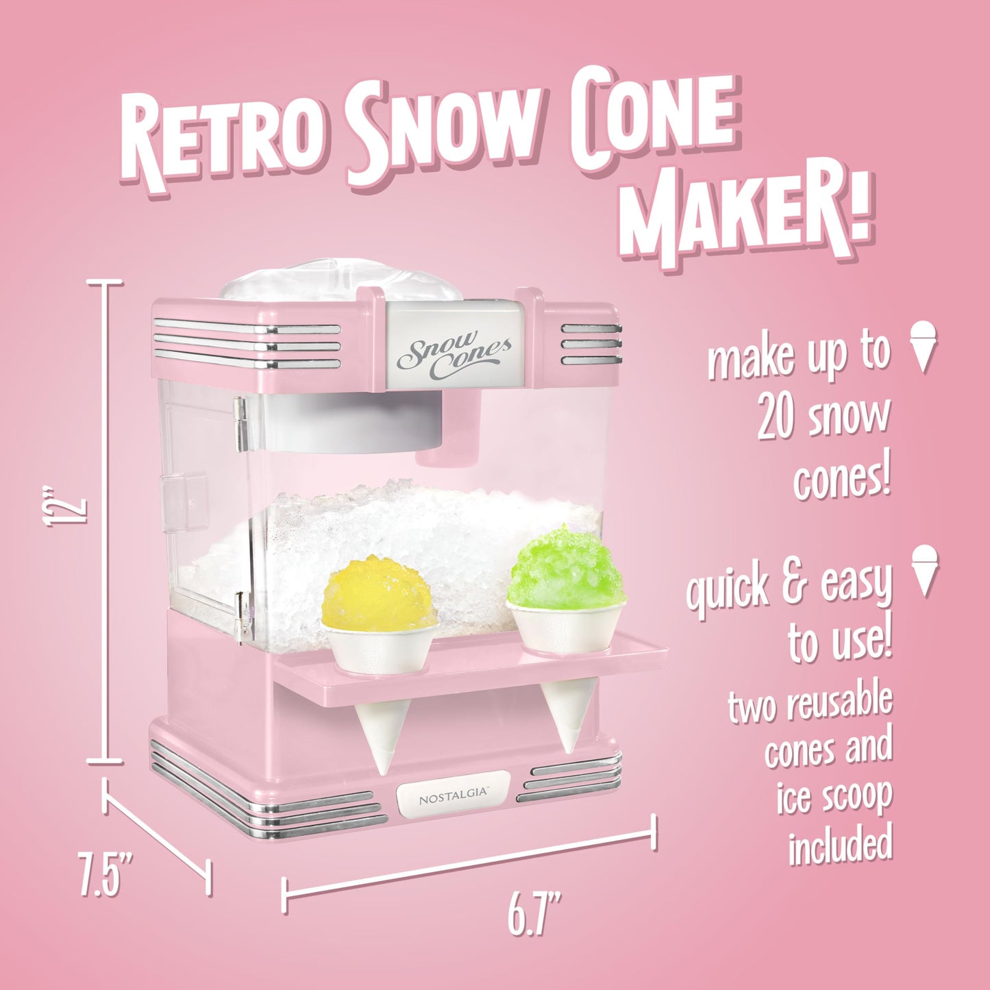 Nostalgia Retro Snow Cone Maker – Countertop 5-qt Shaved Ice Machine – Stainless Steel Blades – Includes 2 Reusable Cups, Ice Scoop, & Sid Shelf – Pink