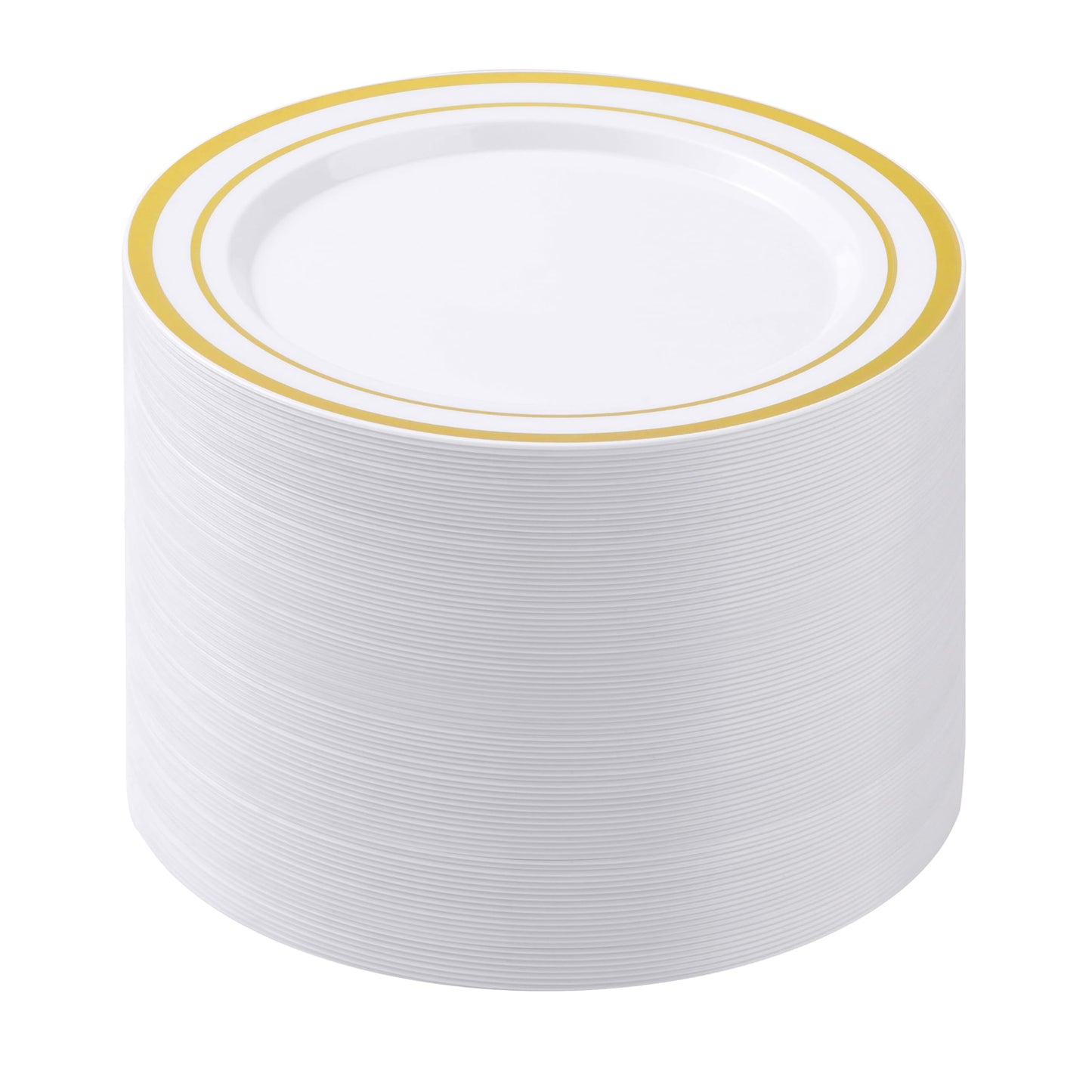 BESTSTAR 100PCS White Plastic Plates for Party, 10.25 Inch Disposable Plates with Gold Rim, Heavy Duty Dinner Plates for Party, Wedding and Birthday