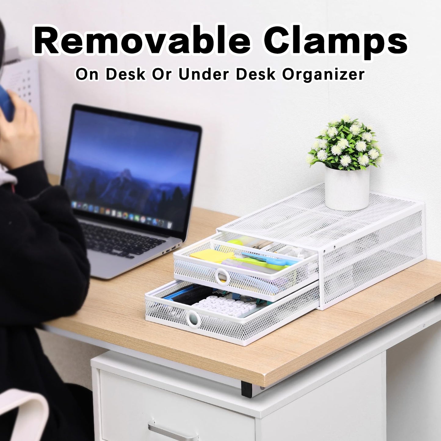 Euyona 2-Tier Clamp-On Mesh Organizer, Under Desk Storage with Slide-Out Tray, No Drilling Tool-Free Installation, Durable Rust-Resistant Metal, Large-Capacity Organizer.