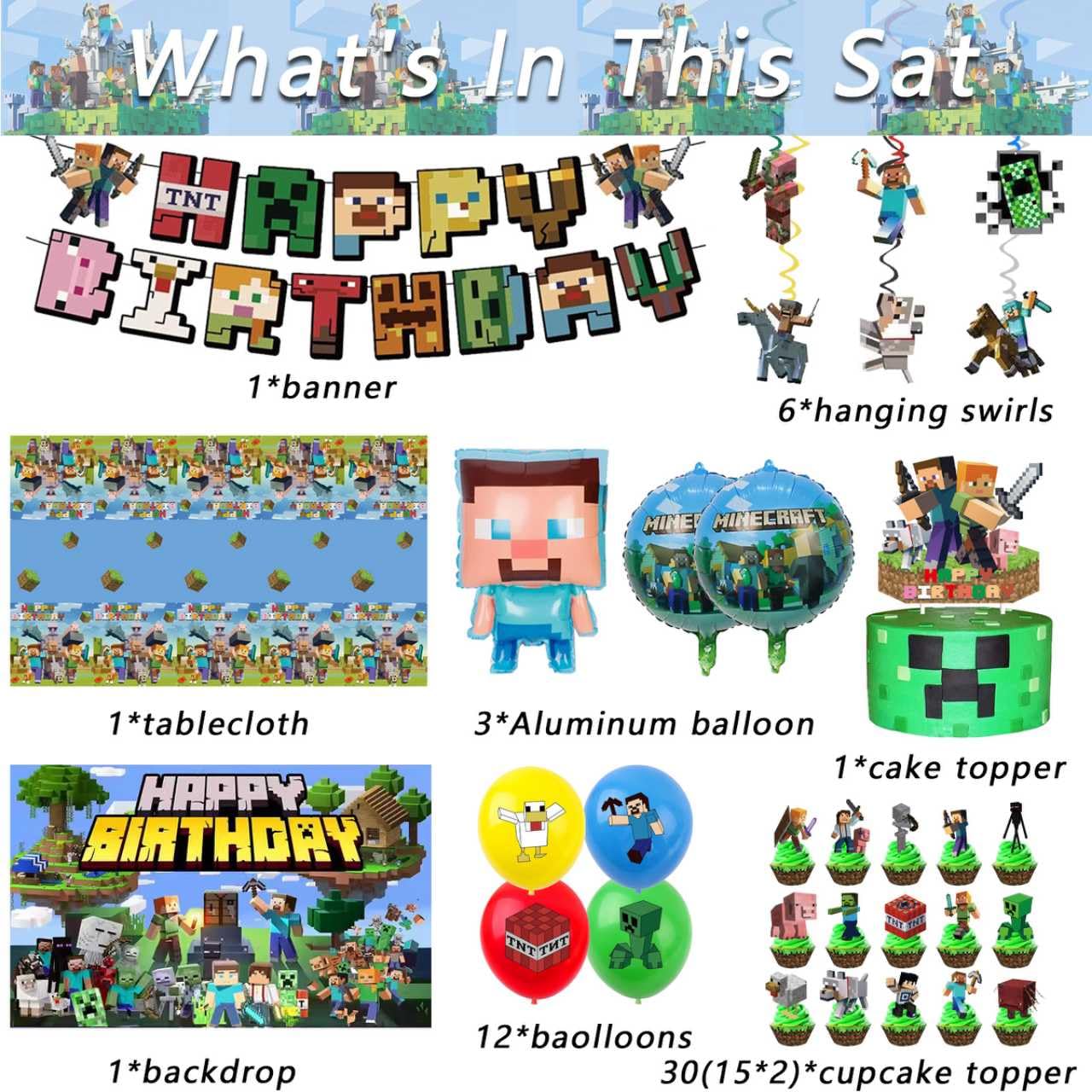 For Pixel Party Supplies, 55 PCS Birthday Decorations Set Include Banner, Balloons,, Hanging Swirls, Cake Cupcake Toppers, Tablecloth for Boys Girls Pixel Theme Party