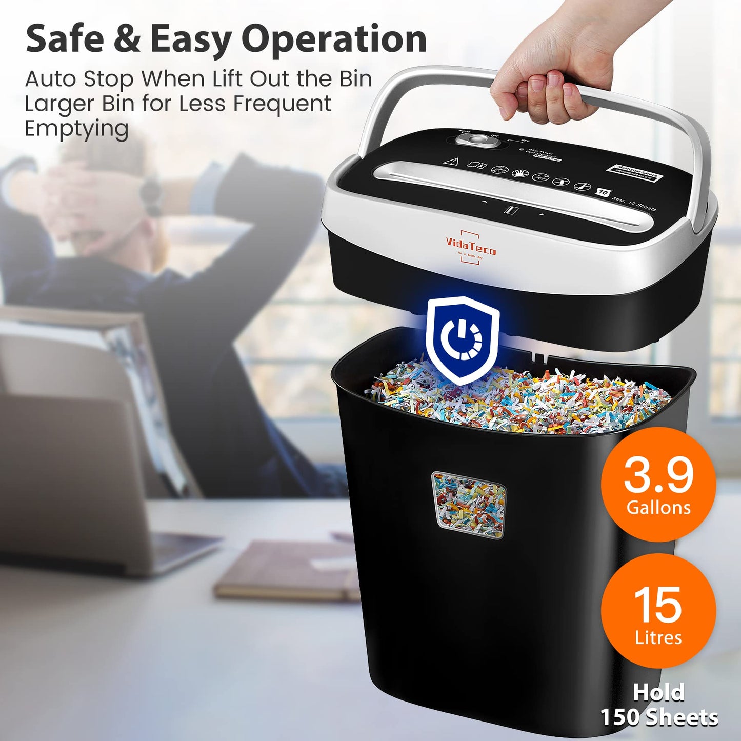 VidaTeco 10-Sheet Paper Shredder for Home Office, P-4 High Security Cross Cut Heavy Duty Shredder, Anti-Jam & US Patented Cutting, Shreds Credit Cards, CDs, Staples & Paper Clips,3.9-Gallon Basket,ETL