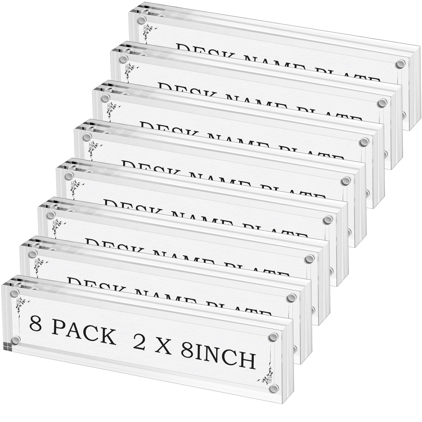 Geetery 8 Pcs Acrylic Office Desk Name Plate Personalized Clear Acrylic Block Double Sided Table Name Plate Holder Business Magnet Frame DIY Desktop Holder Accessories Decor (2" x 8")