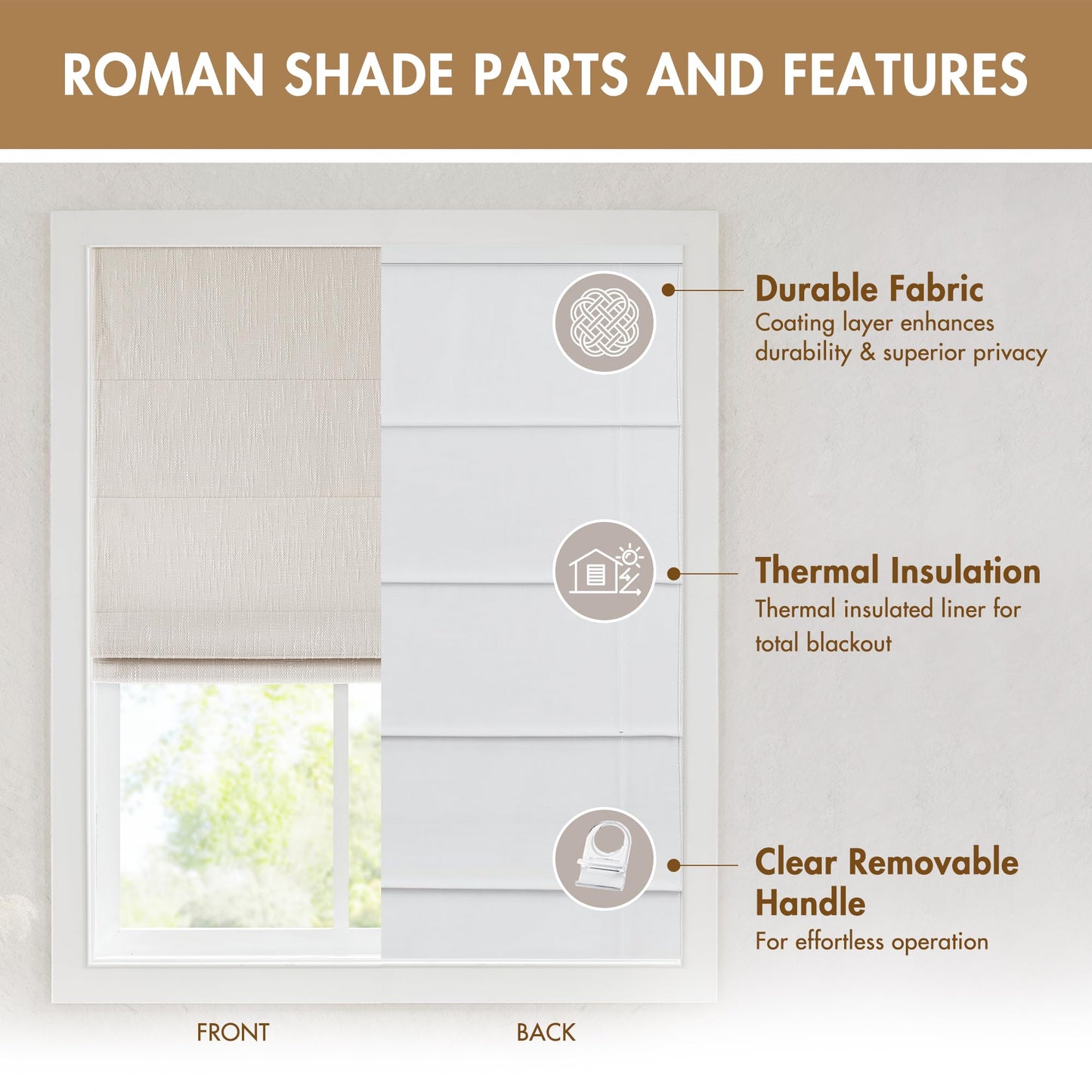 Madison Park Cordless Roman Shades, Blackout Window Blind Privacy Window Shades, Thermal Insulated Cordless Window Treatment for Bedroom, Living Room, Quincy, Single Panel 35" W X 64" H Linen