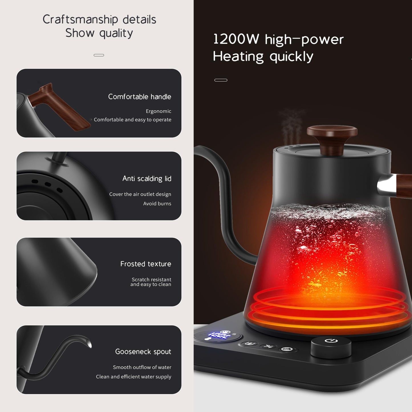 RHD Gooseneck Electric Kettle with Temperature Control LCD Display, 0.9L/900ml Pour Over Coffee & Tea Kettle, 1200W Fast Boil, Keep Warm, 304 Stainless Steel, Black
