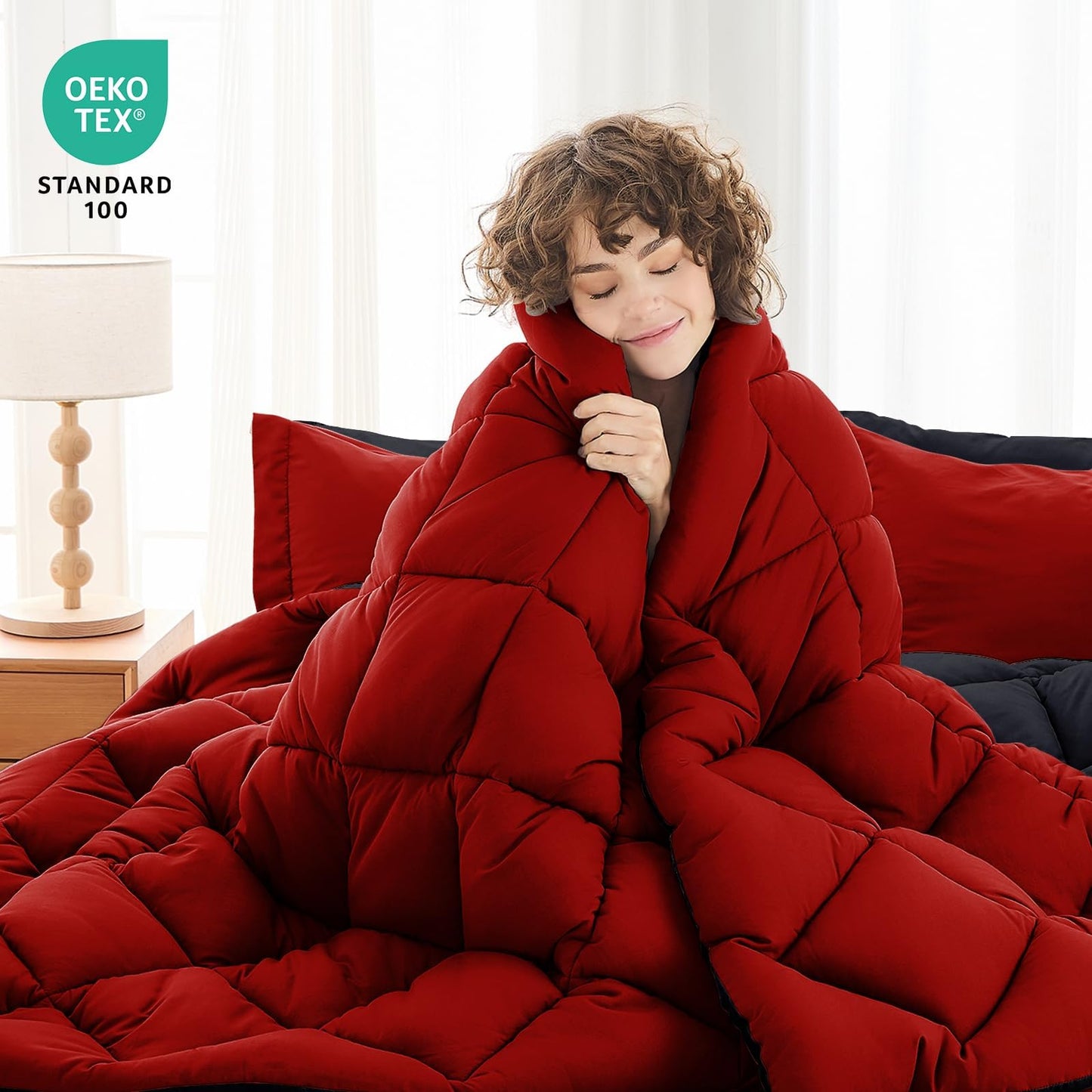 MUXHOMO 7 Pieces Full Comforter Set, Reversible Bed in a Bag Full Size, All Season Bedding Set with Comforter, Flat Sheet, Fitted Sheet, Pillowcases & Shams, Red & Black