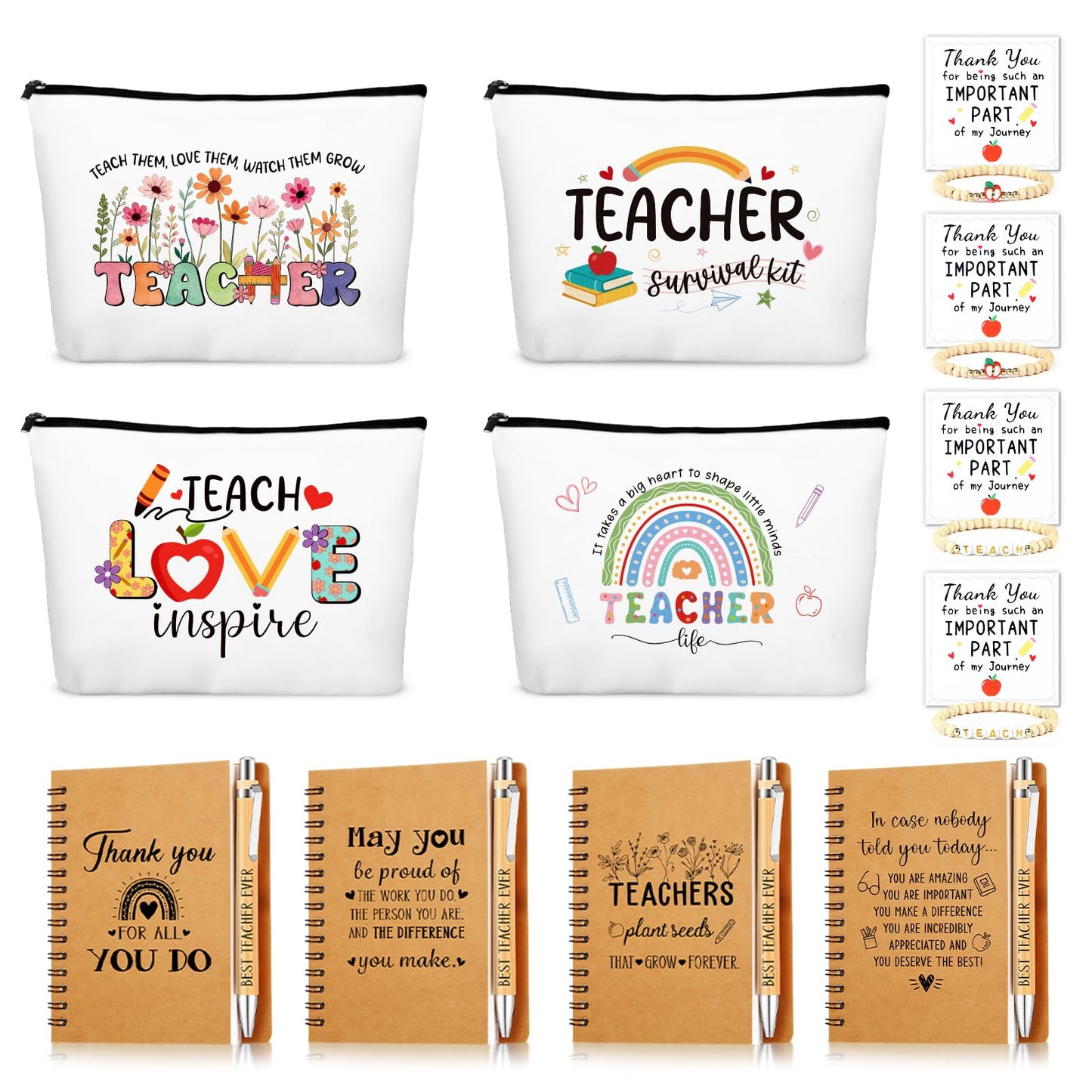 WenmthG 20Pcs Teacher Appreciation Gifts Bulk for Women - Thank You Teachers Gifts with Cosmetic Bags Notebooks Pens Bracelets Thank You Cards for Graduation Teacher’s Day End of Year Easter Birthday