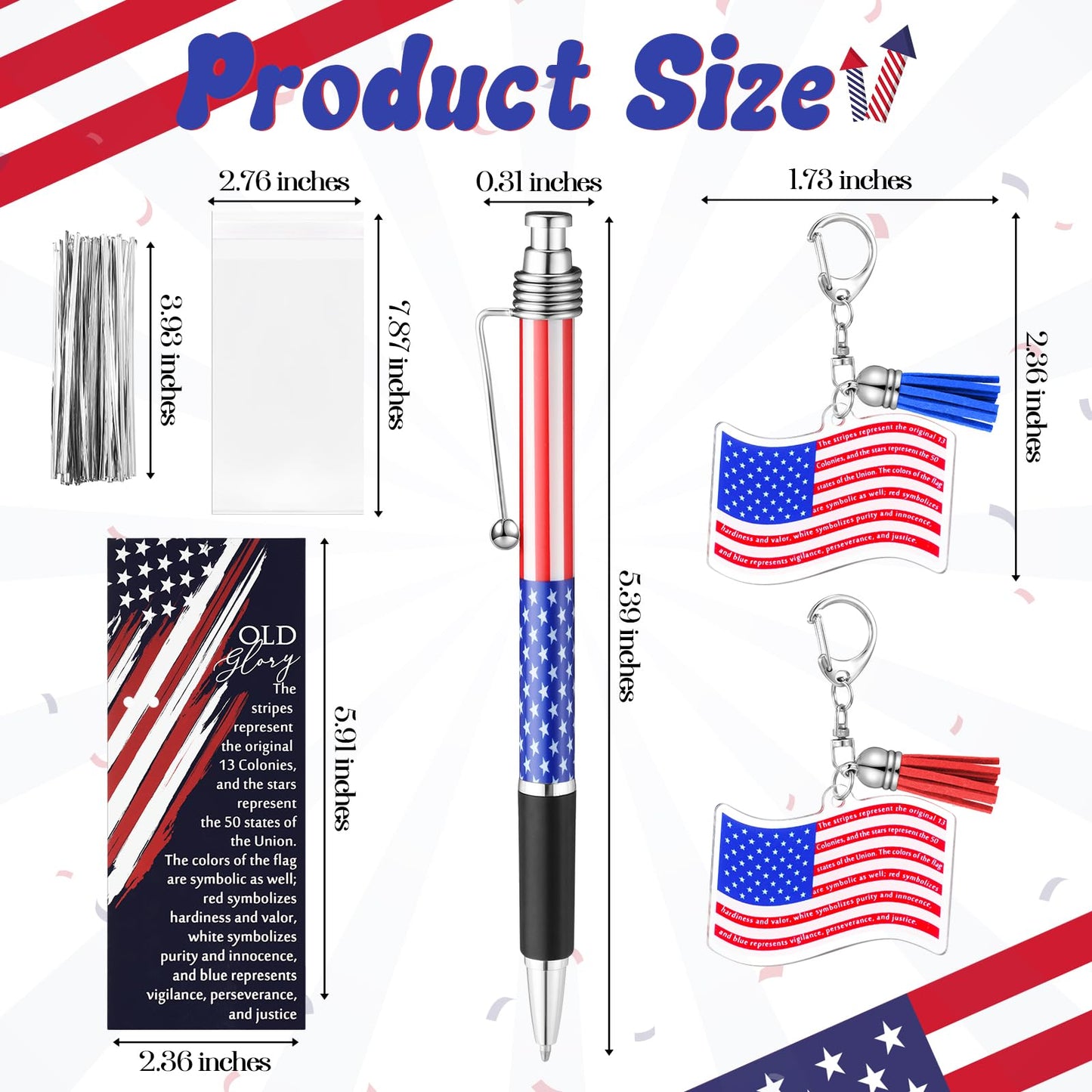 Sayglossy 50 Sets 250th Souvenirs Gift Flag Ballpoint Pen Flag USA Acrylic Keychain with The USA Patriotic Themed Card Souvenirs Gifts for Veteran Patriotic Independence Day Party Supplies