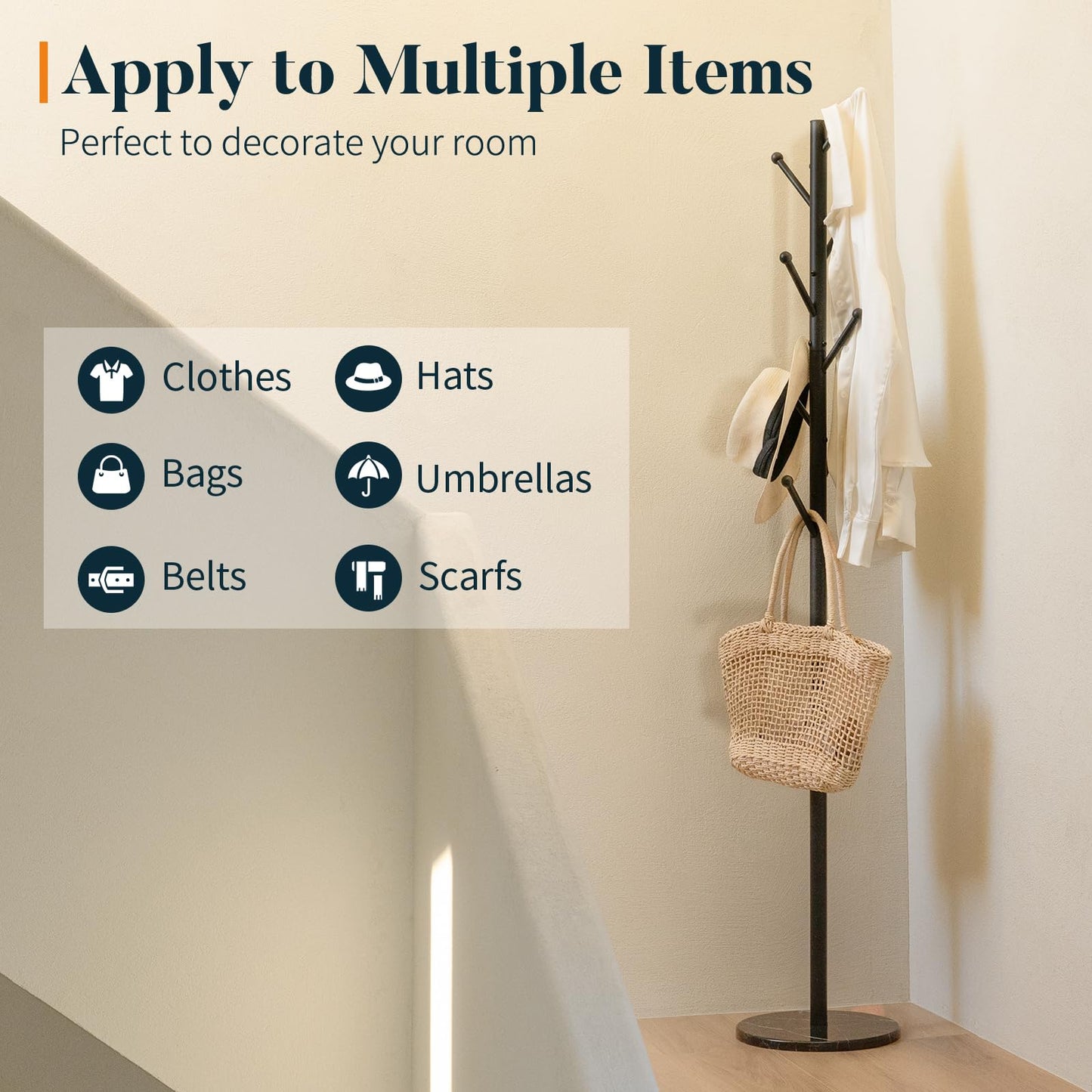 Yoobure Coat Rack Freestanding with Natural Marble Base - Coat Tree with 8 Hooks Heavy Duty Coat Hanger Stand, Metal Coat Rack Stand for Jacket, Hat, Clothes & Bag, Hall Tree Hat Rack for Entryway