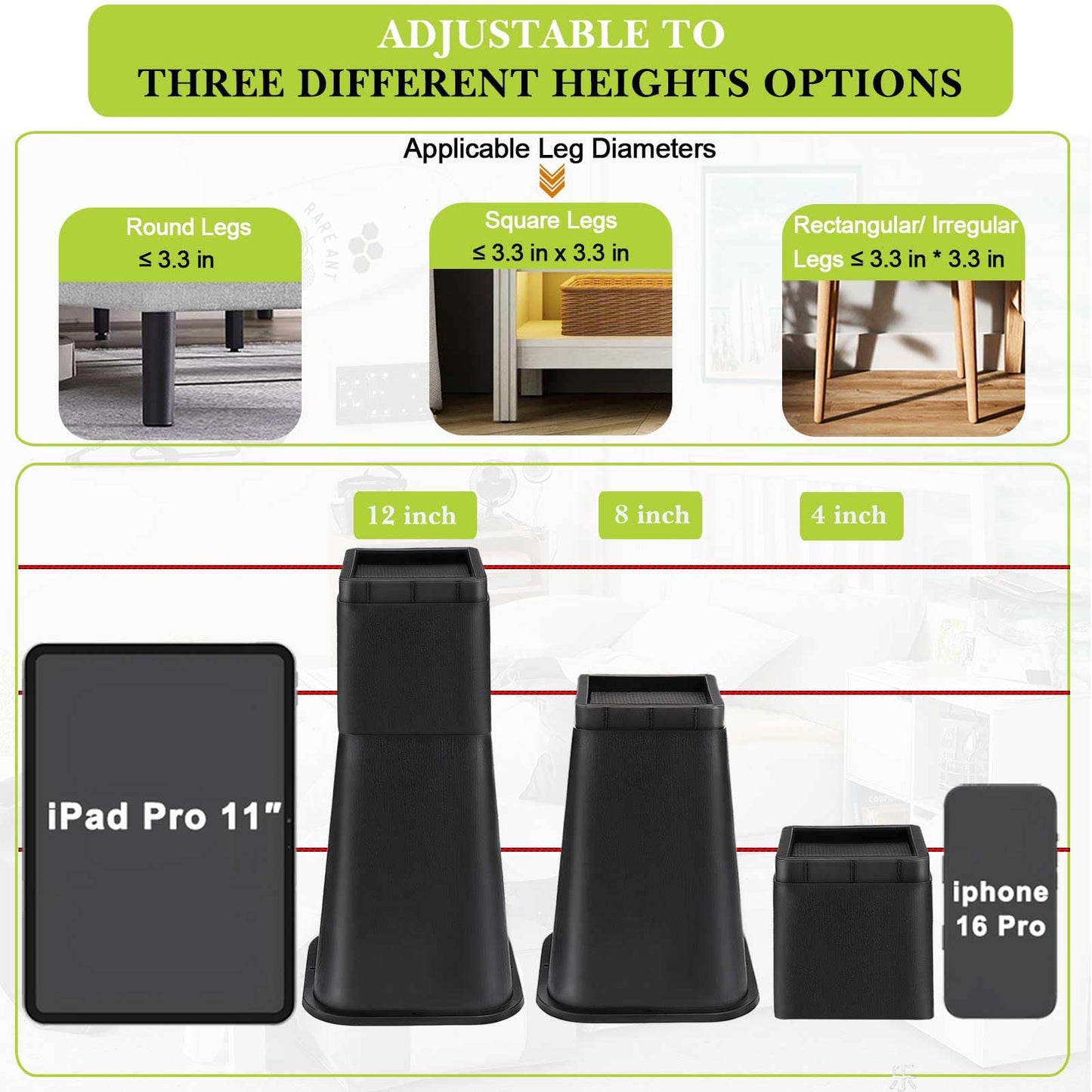 Yookwutar 4 Pack Bed Risers 12 inch Heavy Duty, Adjustable Furniture Risers Lift Height 12",8" or 4" for Table Desk Couch Sofa Cabinet Bed Frame Dorm, Square Stackable Table Leg Risers, Black