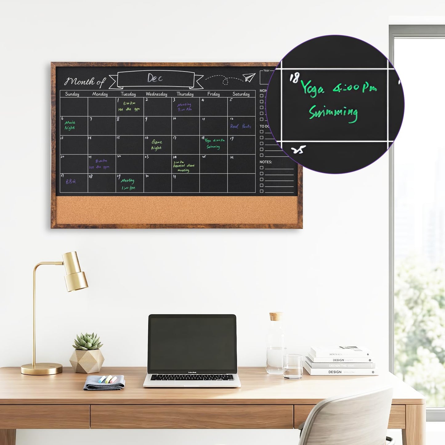 JEFURE Magnetic Chalkboard Calendar 24x36 Inches, Framed Chalk Board for Wall Organization, Planning/School Timetable/Memo, Hanging Magnetic Surface for Office, School, Home