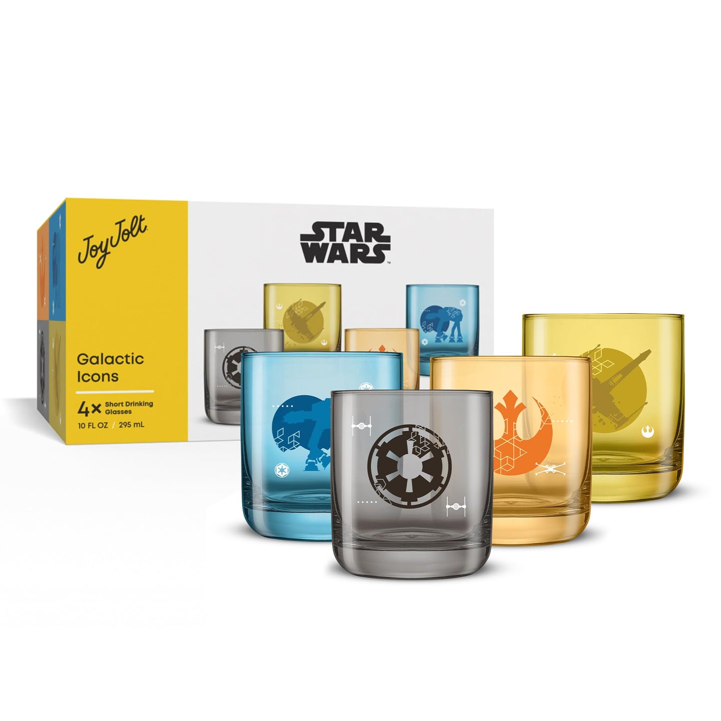 JoyJolt Star Wars Galactic Icons Short Drinking Glasses Set of 4, 10oz Glass Tumbler Cup Set, Kitchen Glasses Set, Colored Collectible Glassware, Star Wars Gifts