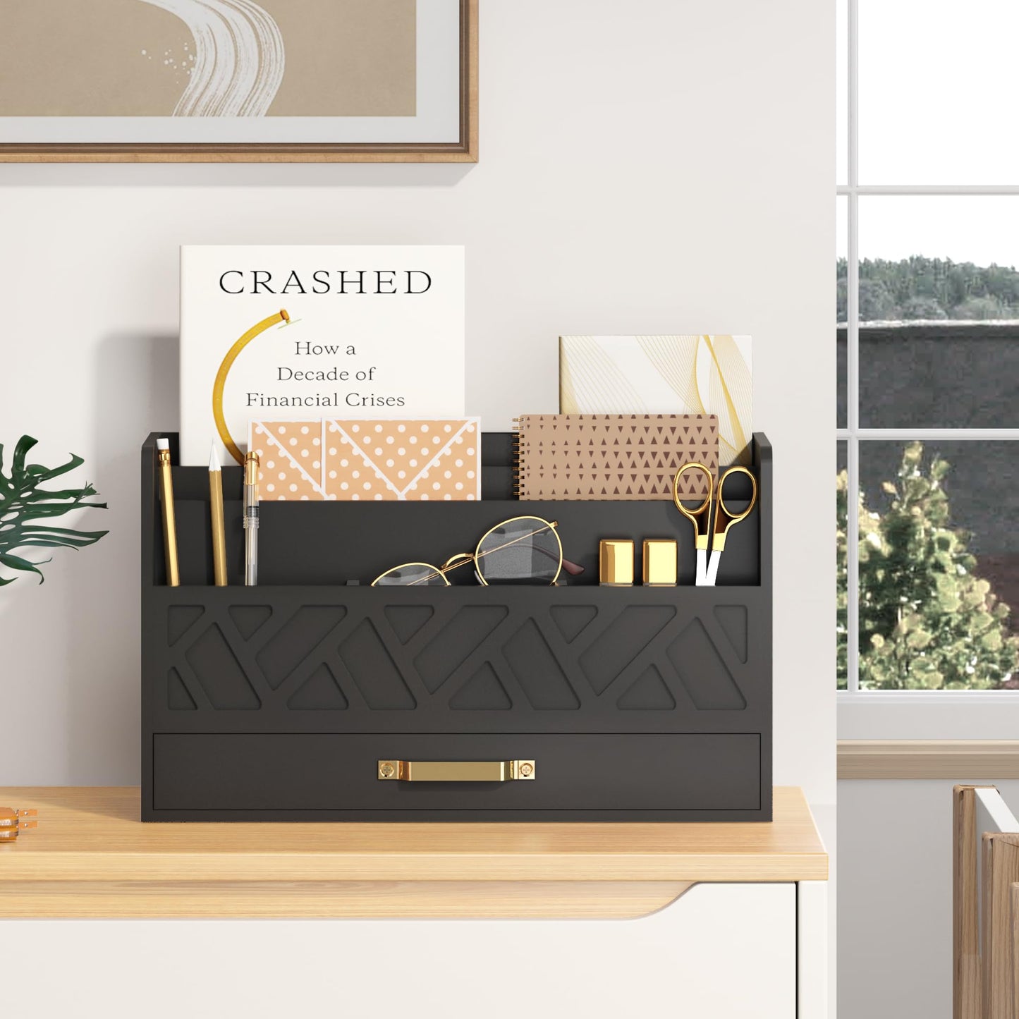 WISUCART Bamboo Mail Organizer Countertop Wood Desk Organizer Drawer Tabletop Storage Box Letter Sorter Makeup Organizer for School Home Office Supplies Black