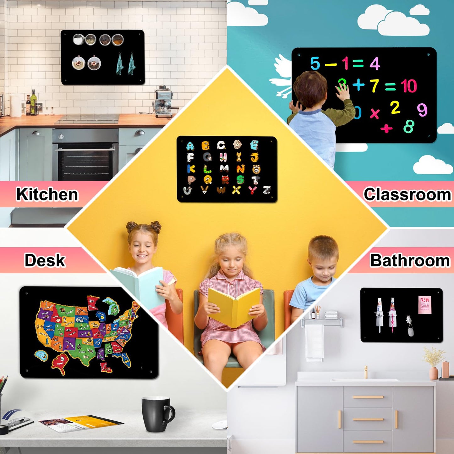 4 Pack Black Magnetic Board,17.5" x 11.4" Magnet Bulletin Board to Display Magnetic Notes, Poetry, Photos, Suitable for Wall, Refrigerator, Cabinet etc, Come with 16 Plastic Anchor Bolts and Screws