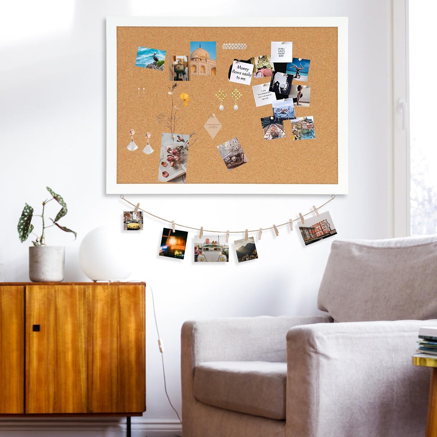 DOLLAR BOSS Cork Board Bulletin Board with Linen Double-Sided 24" x 18" Linen Corkboards for Walls Picture Display Vision Board for Office Home School Framed Picture Pin Board, 20 Pushpins 10 Clips