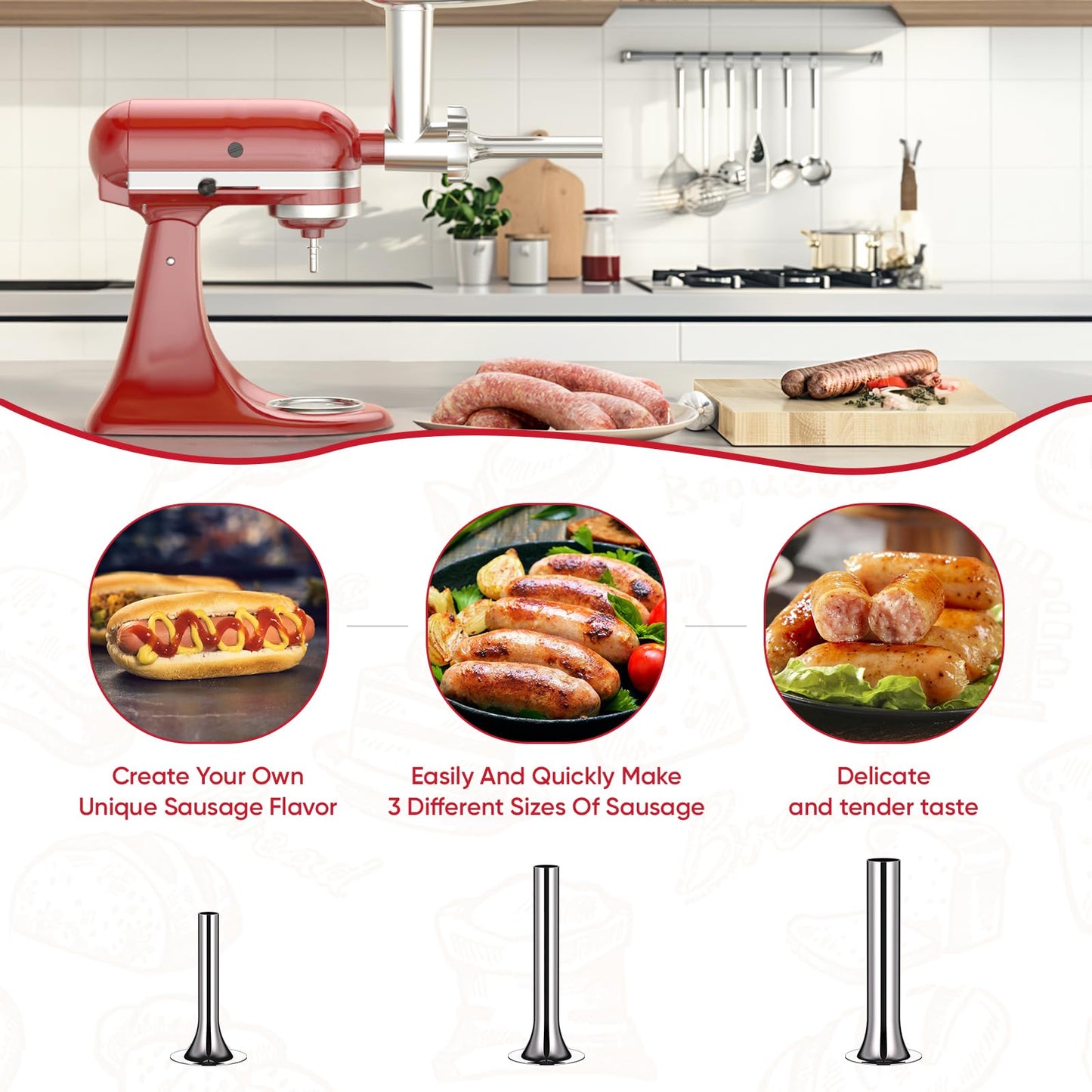 Meat Grinder for KitchenAid Mixer, Meat Grinder Attachment with 4 Grinding Plates, 3 Sausage Stuffer Tubes, 2 Grinding Blades, Attachment for Kitchenaid Mixers