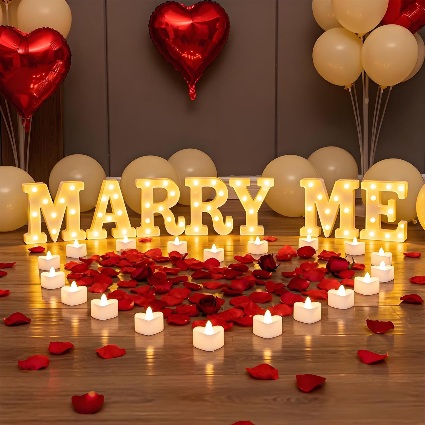 Marry Me Light Up Letters, with 30 Tea Lights Candles, Rose Petals, Aluminum Balloons, Balloons, Red Carpet, Rose Ring Box, Double Sided Tape, Valentine's Day Proposal Engagement Wedding Decorations