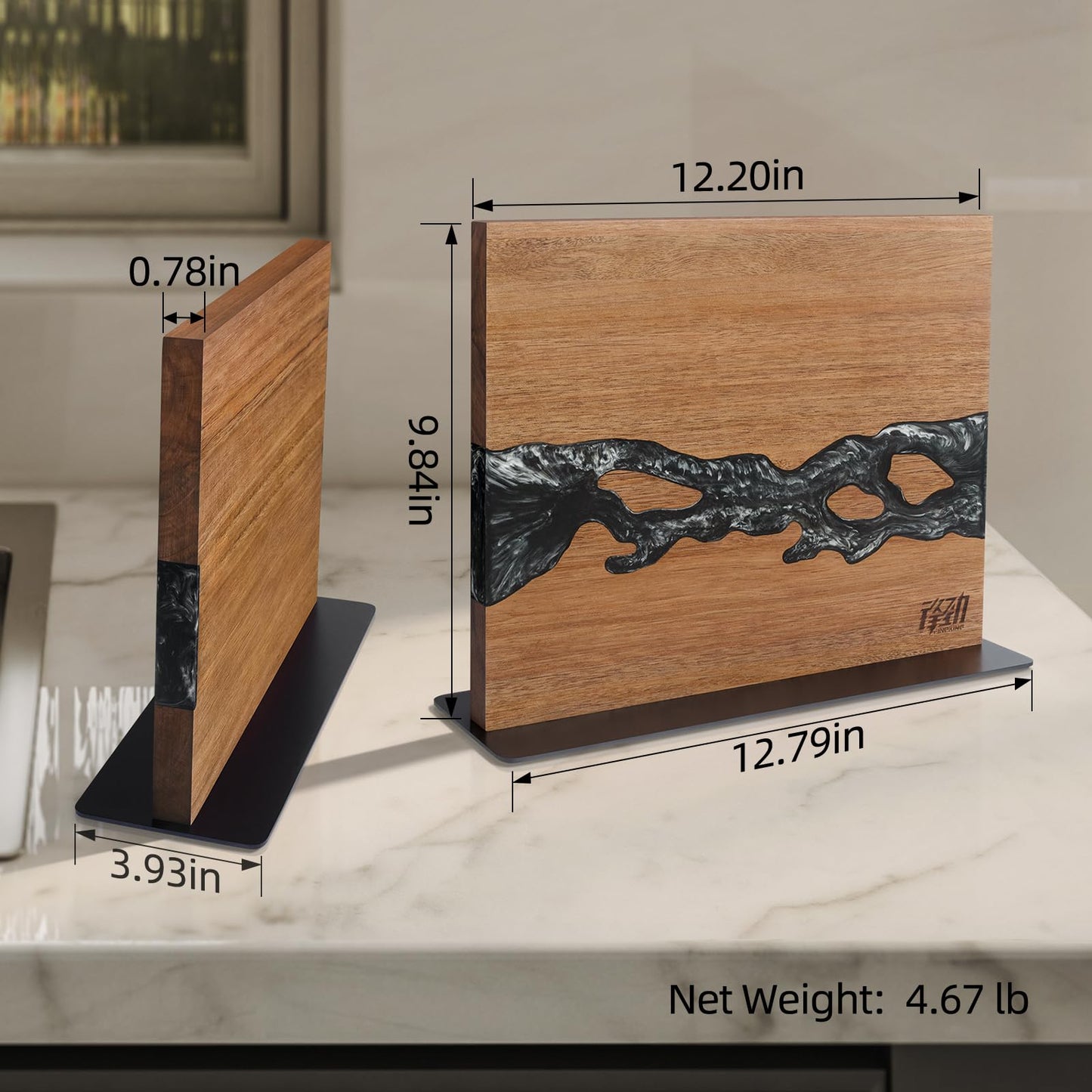 FINDKING Magnetic Knife Block, Double-Sided Knife Holder with Strong Magnets, Acacia Wood and Black White Resin, Countertop Kitchen Knife Storage Stand (12 × 10 Inches, Without Knives)
