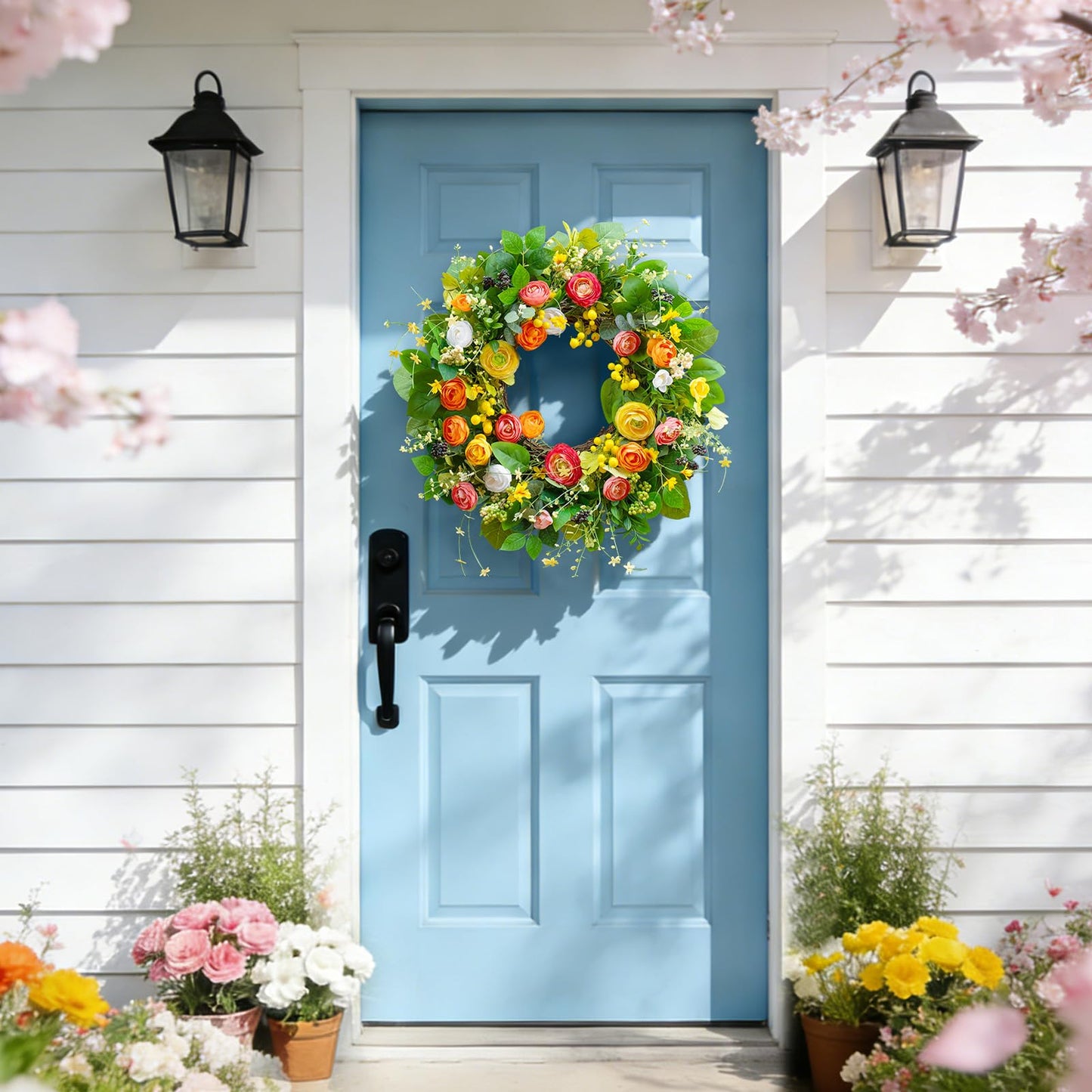 Spring Summer Wreaths for Front Door Outside 24 Inch, Summer Wreath Outdoor with Lotus and Berries, Green Floral Door Wreath for All Season Home Wall Wedding Farmhouse Holiday