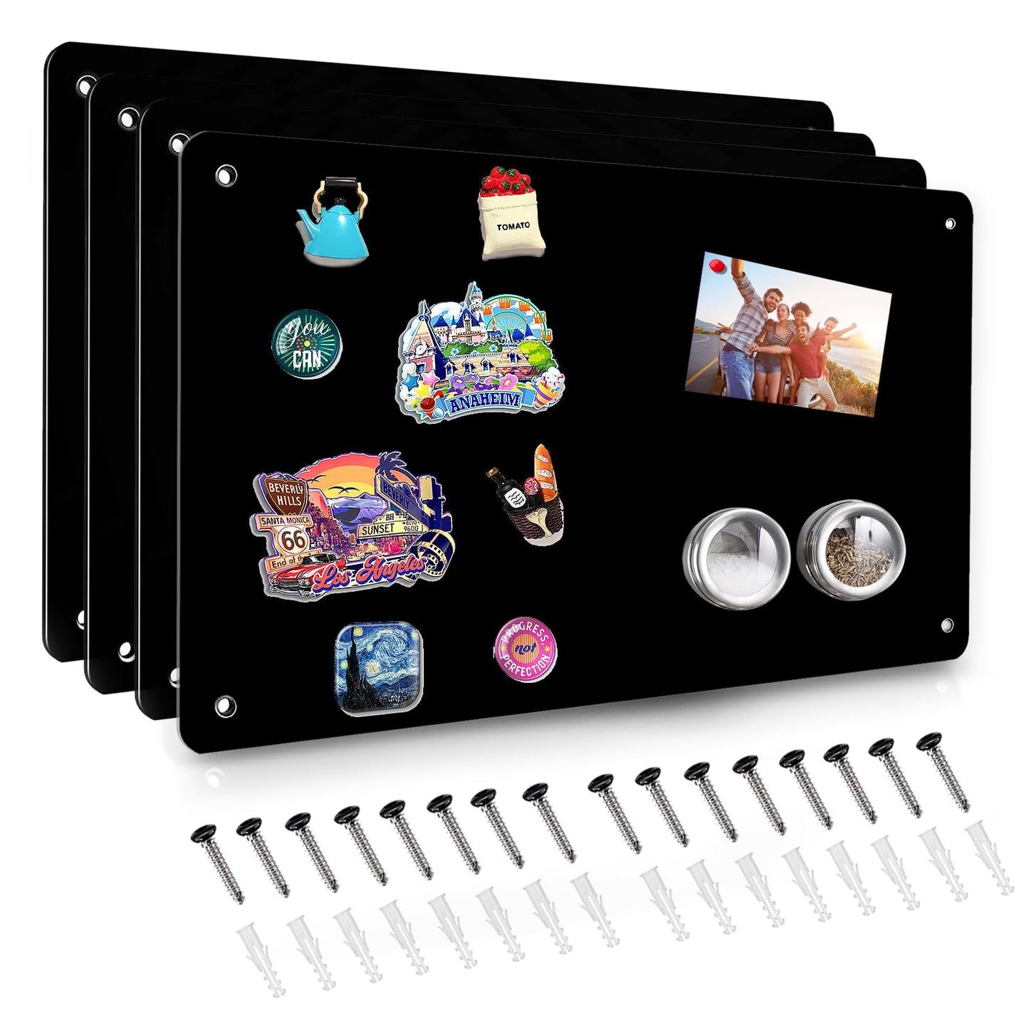 4 Pack Black Magnetic Board,17.5" x 11.4" Magnet Bulletin Board to Display Magnetic Notes, Poetry, Photos, Suitable for Wall, Refrigerator, Cabinet etc, Come with 16 Plastic Anchor Bolts and Screws