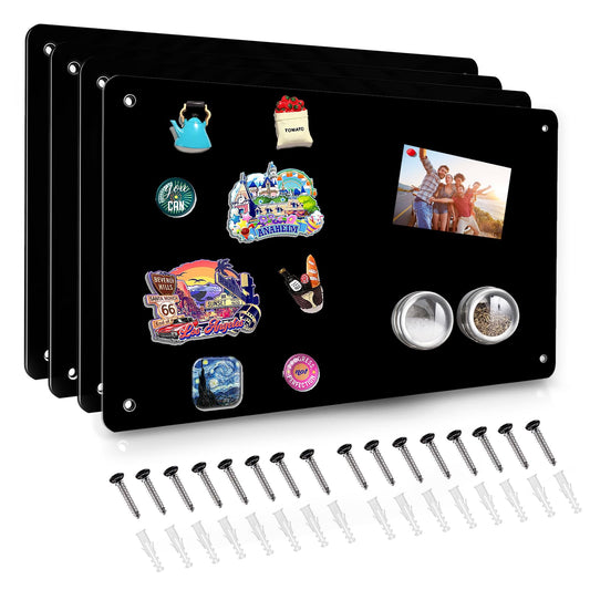 4 Pack Black Magnetic Board,17.5" x 11.4" Magnet Bulletin Board to Display Magnetic Notes, Poetry, Photos, Suitable for Wall, Refrigerator, Cabinet etc, Come with 16 Plastic Anchor Bolts and Screws