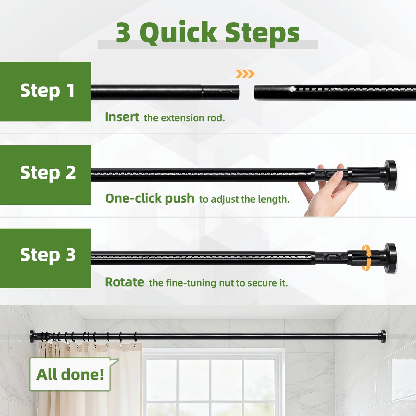 ZYKORT Tension Curtain Rod 39-137In (3.3-11Ft), Heavy Duty Outdoor Tension Rod for Patio Window, One-Click Telescopic Rod, Adjustable Shower Curtain Rod No Drilling for Bathroom Renter Friendly, Black