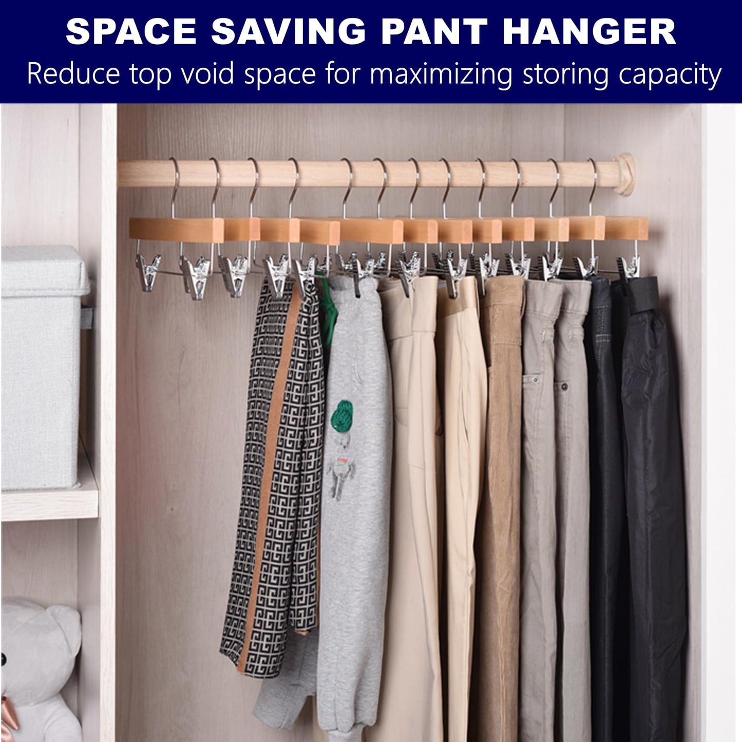 Amber Home 24 Pack Wooden Pants Hangers with Clips, 14" Natural Wood Skirt & Trouser Hangers, Closet Hangers for Jeans, Slacks, Shorts, with 2-Adjustable Clips (Natural, 24)