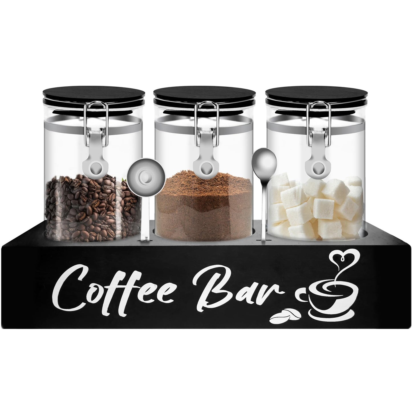 MACIFECI Glass Coffee Containers with Shelf Coffee Station Organizer 54oz Black Glass Coffees Bean Storage Canister with Spoon Coffee Canister Set Kitchen Food Storage Jars for Coffee/Sugar/Candy