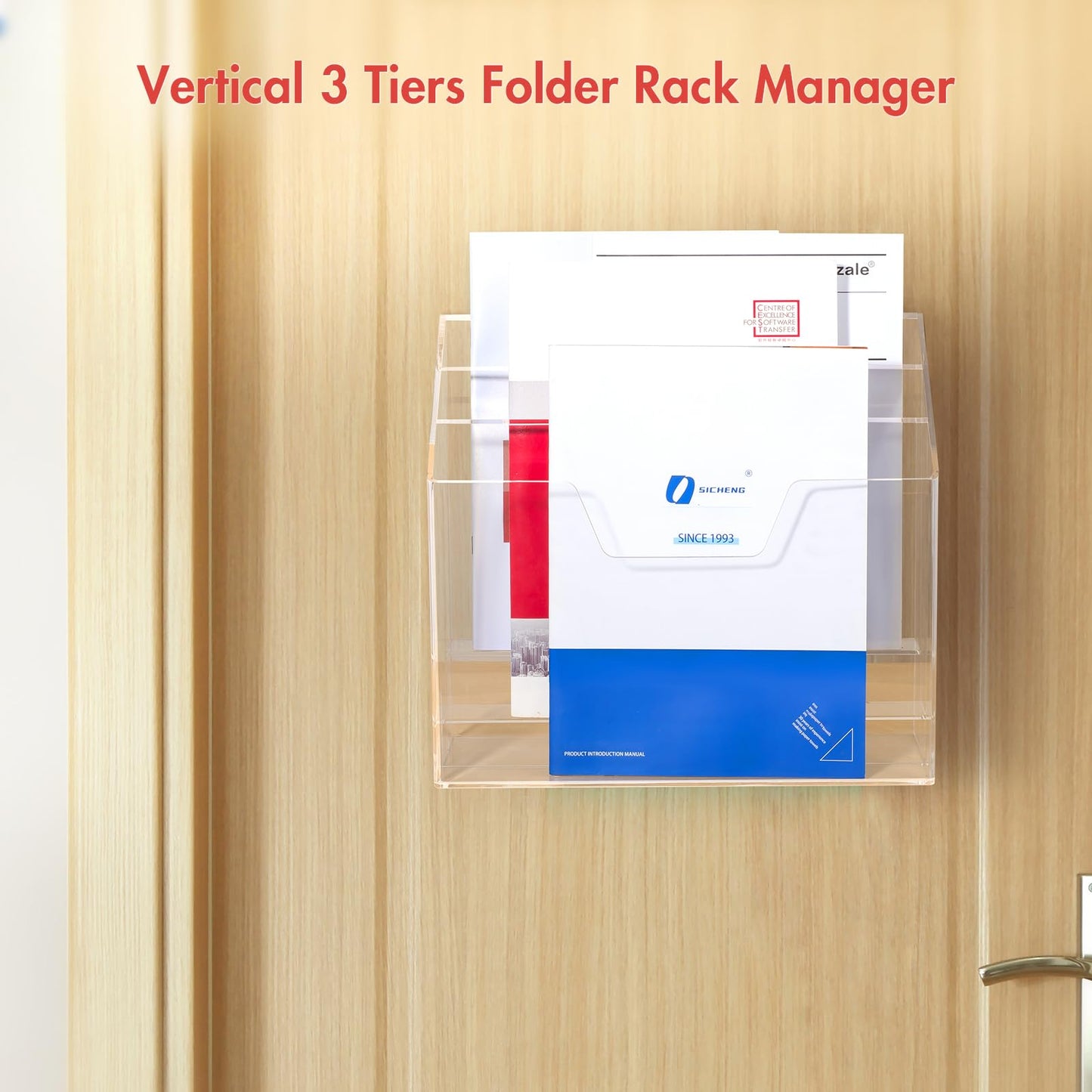 BEYGORM Acrylic File Folder Holder, 3 Tiers Clear Wall Hanging Magazine Rack, Desktop Large Vertical Tiered File Holder for Office and Home, Upright File Storage for Desk