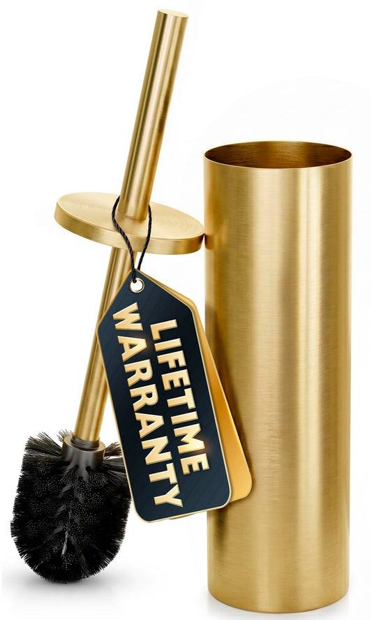 2 PCS Gold Toilet Brush and Holder Set - Brushed Stainless Steel Gold Toilet Bowl Brush and Holder with Replacable Head, Removable Inner Bowl, and Splash Protection - Dense Bristles for Cleaning