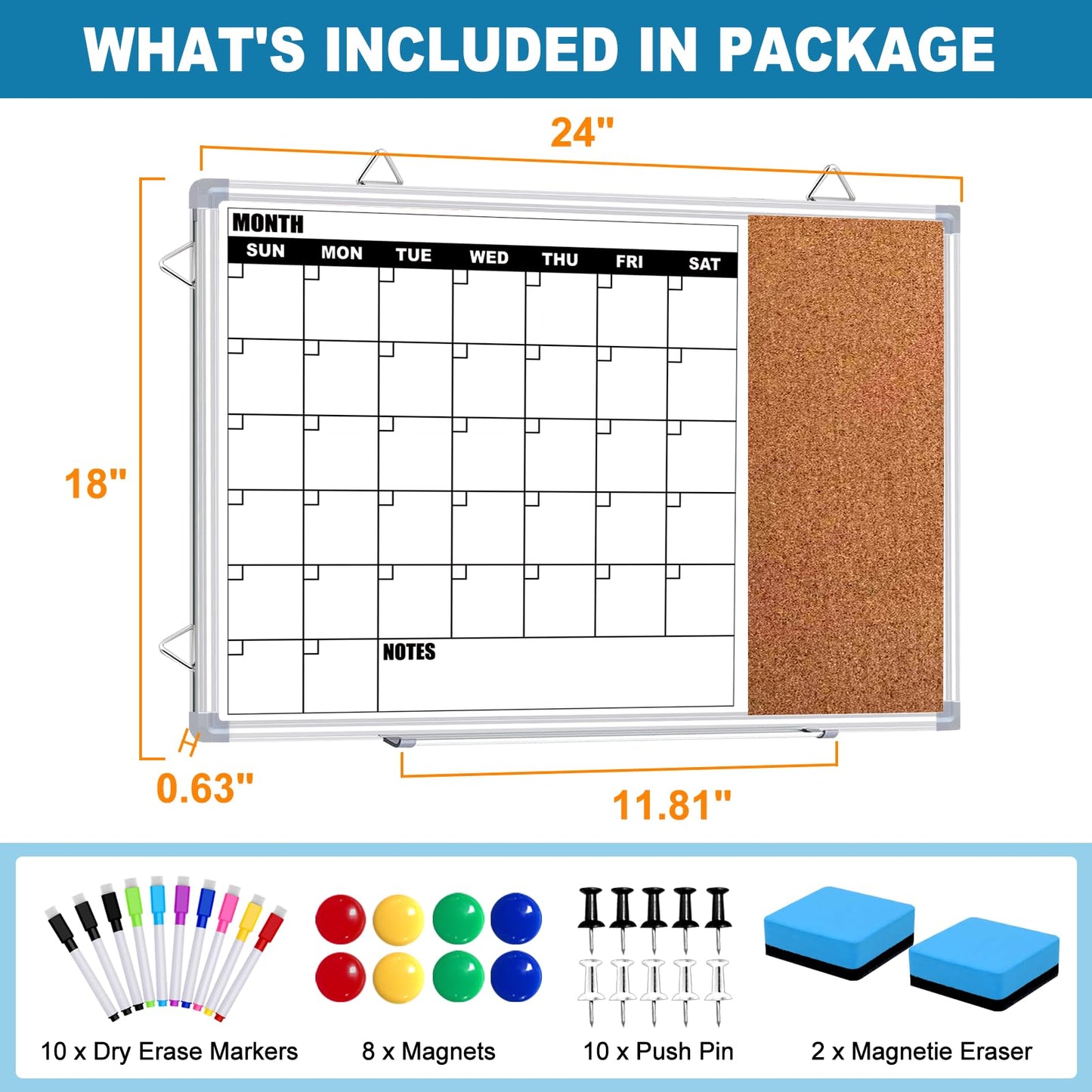 YUYIUS Calendar Whiteboard for Wall, 24" x 18" Double Sided Monthly Dry Erase Board Calendar for Office, Home, School, Hanging Cork Board White Board Combo, Portable Magnetic Dry Erase Planner Board
