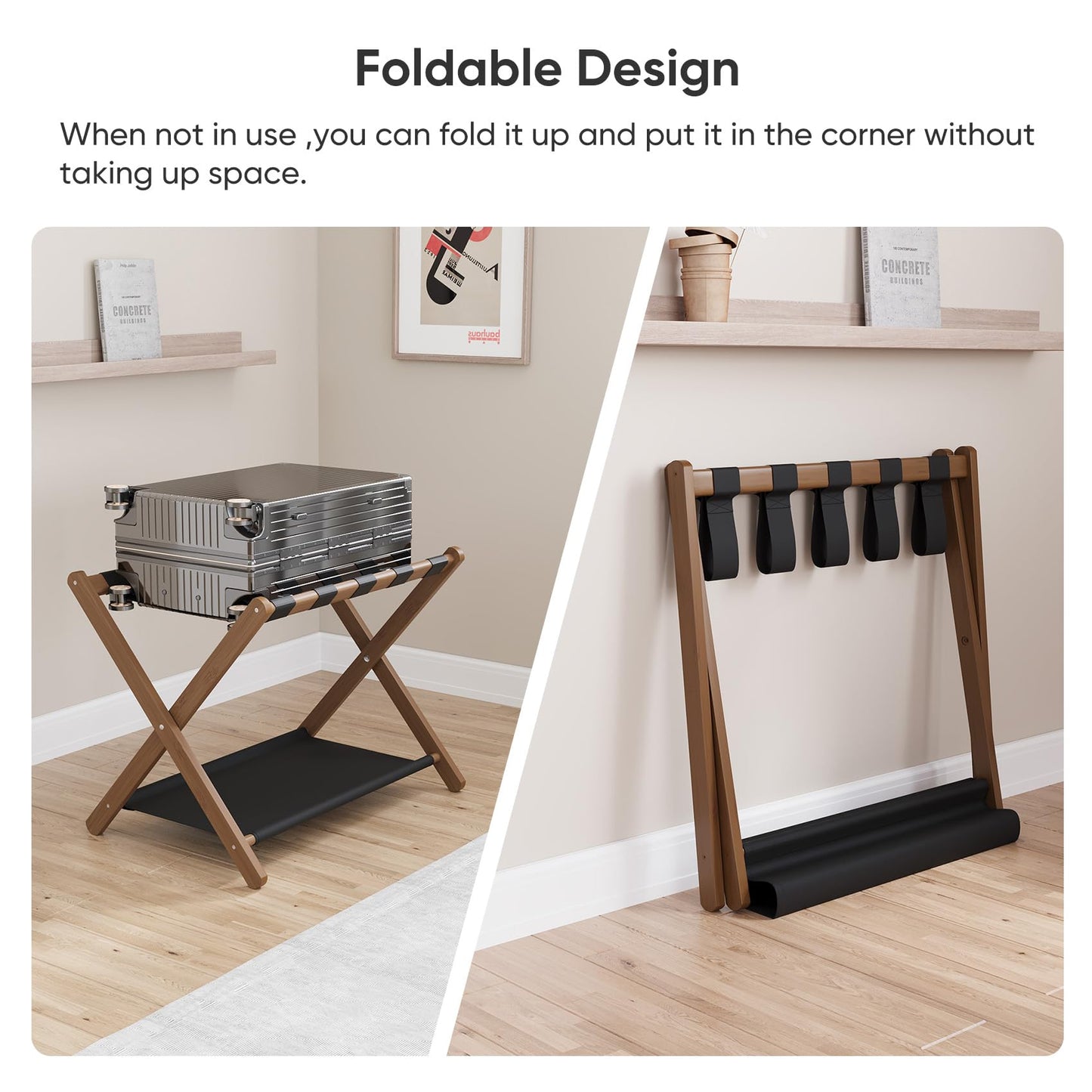 Smuxee Walnut Bamboo Luggage Rack for Guest Room, Foldable Suitcase Stand with Storage Shelf, Easily Assembled Luggage Stand with 5 Nylon Straps for Guest Room Bedroom Hotel