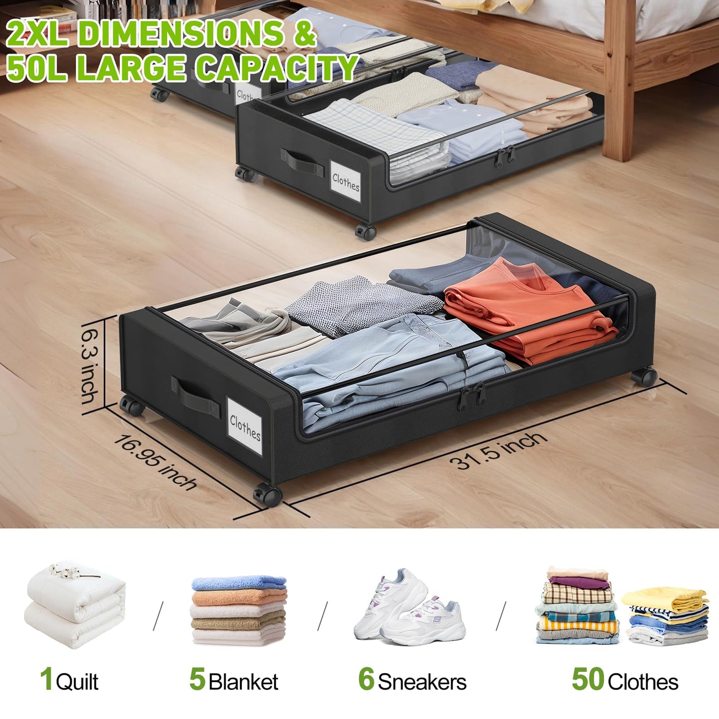 Molutsody Under Bed Storage with Wheels, 2-Pack Underbed Storage Containers with Clear Lids, Under Bed Shoe Storage Organizer, Rolling Under the Bed Storage Bins for Clothes Shoes Blankets (Black)