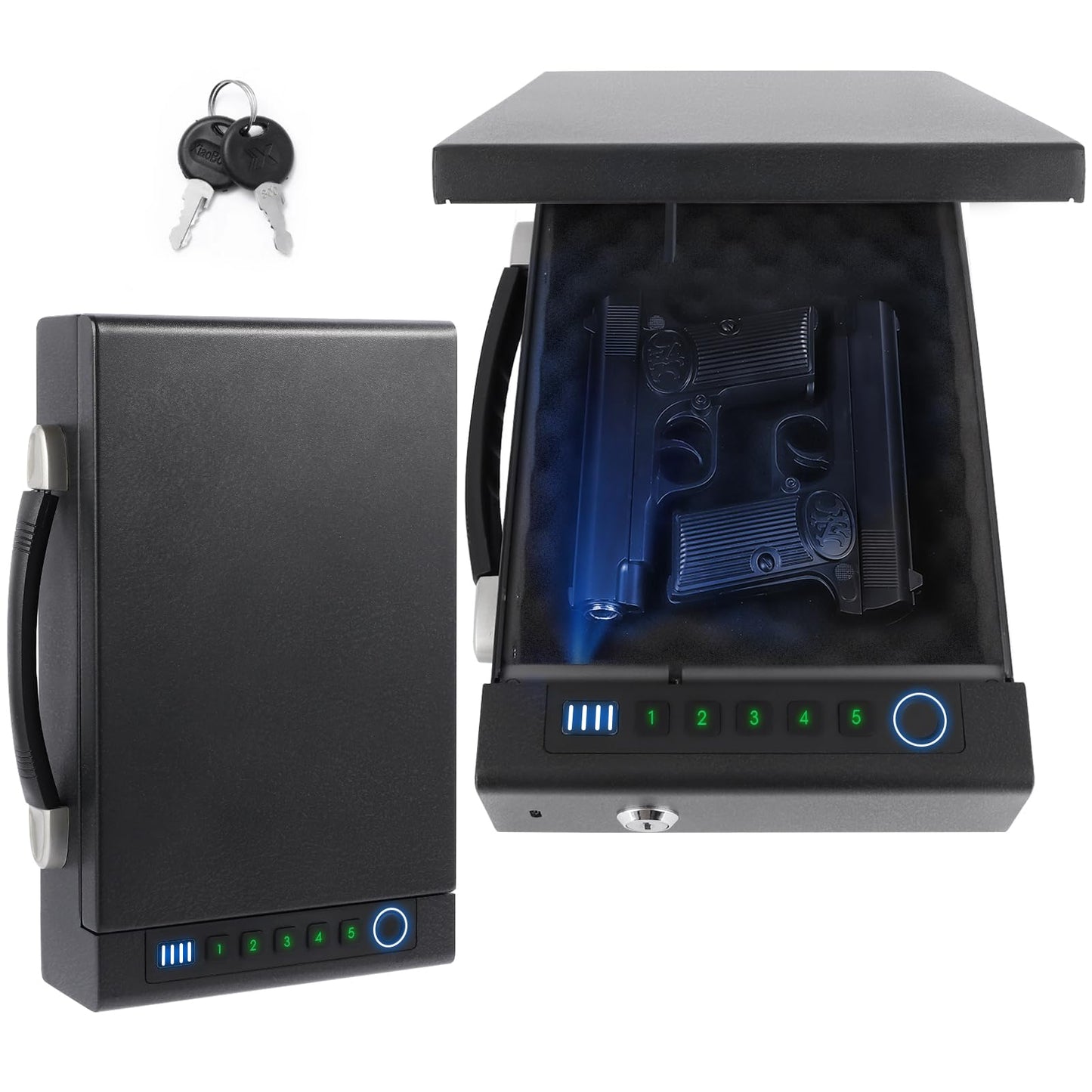Biometric Fingerprint Gun Safe for Handgun, 3 Quick Access Methods, with Fingerprint/Digital PIN/key, suitable for bedside cabinets, wardrobes, and handgun safes in cars
