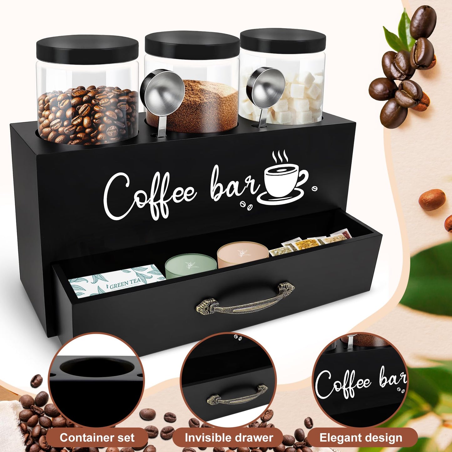 MACIFECI 54 oz Coffee Canister Set with Shelf, Coffee and Sugar Container Set of 3 Canisters Sets for Kitchen Counter, Plastic Coffee Bean Storage Container with Scoop (Black - Drawer)